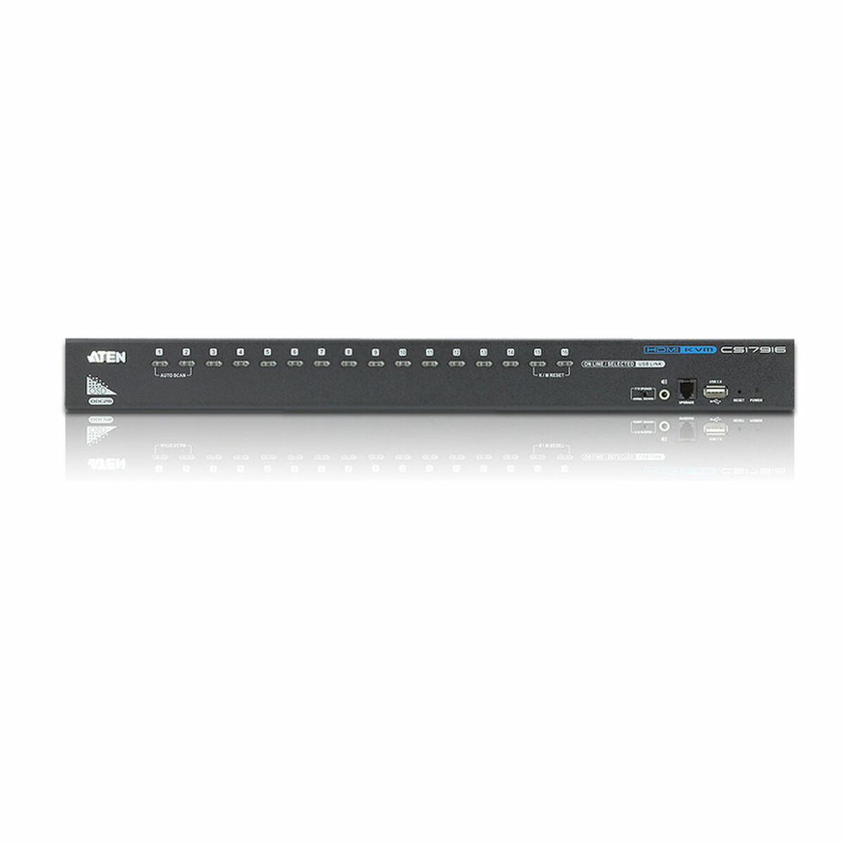 Vista frontal de un conmutador ATEN HDMI KVM CS17916 negro de 16 puertos.