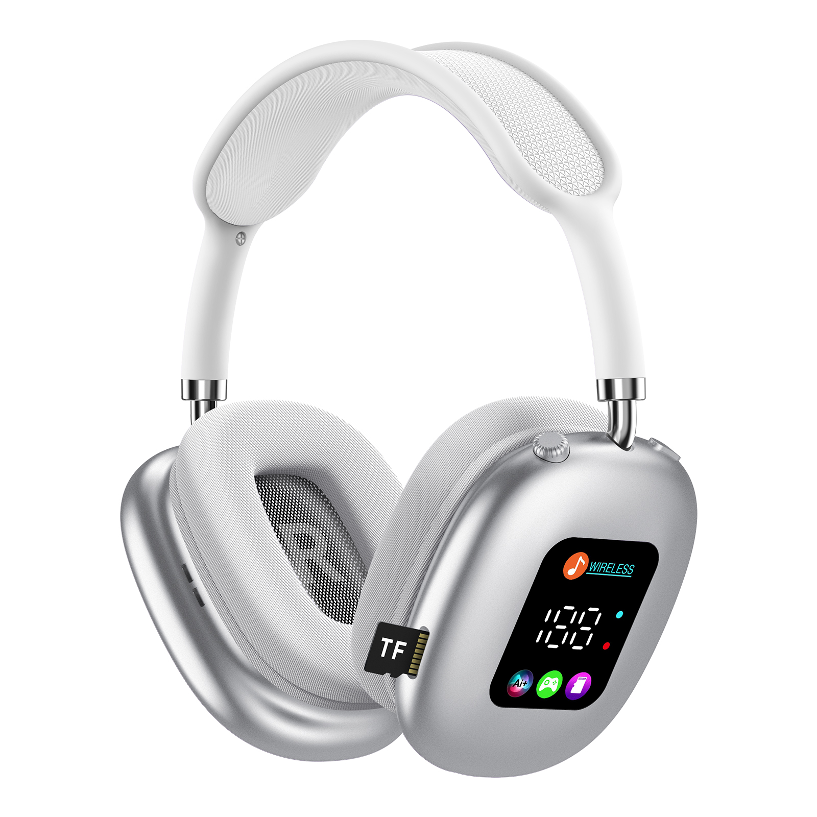 Silberne Kopfhörer mit weißem Bügel und Display zeigen 'WIRELESS'.