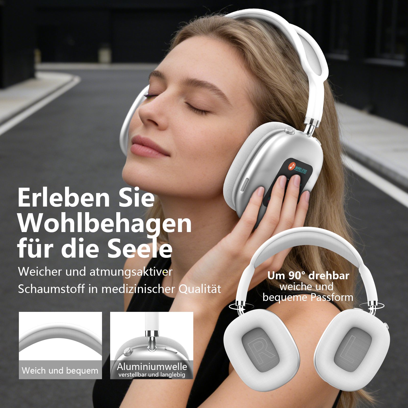 Frau mit weißen Kopfhörern auf dem Kopf, die Musik genießt.