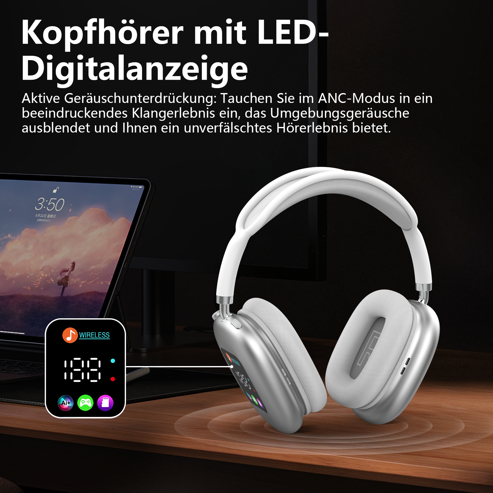 Silberne Kopfhörer mit weißem Bügel und LED-Anzeige auf einem Holztisch.