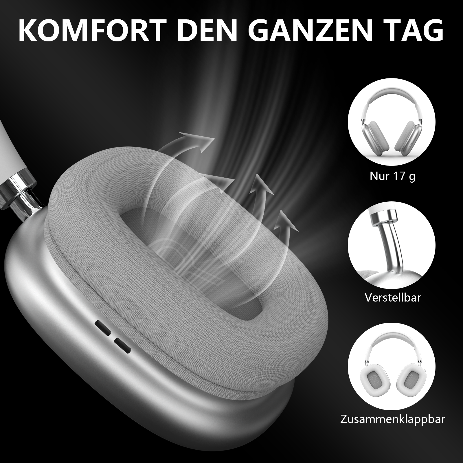 Silberne Kopfhörer mit atmungsaktiven Ohrpolstern und Belüftungspfeilen.
