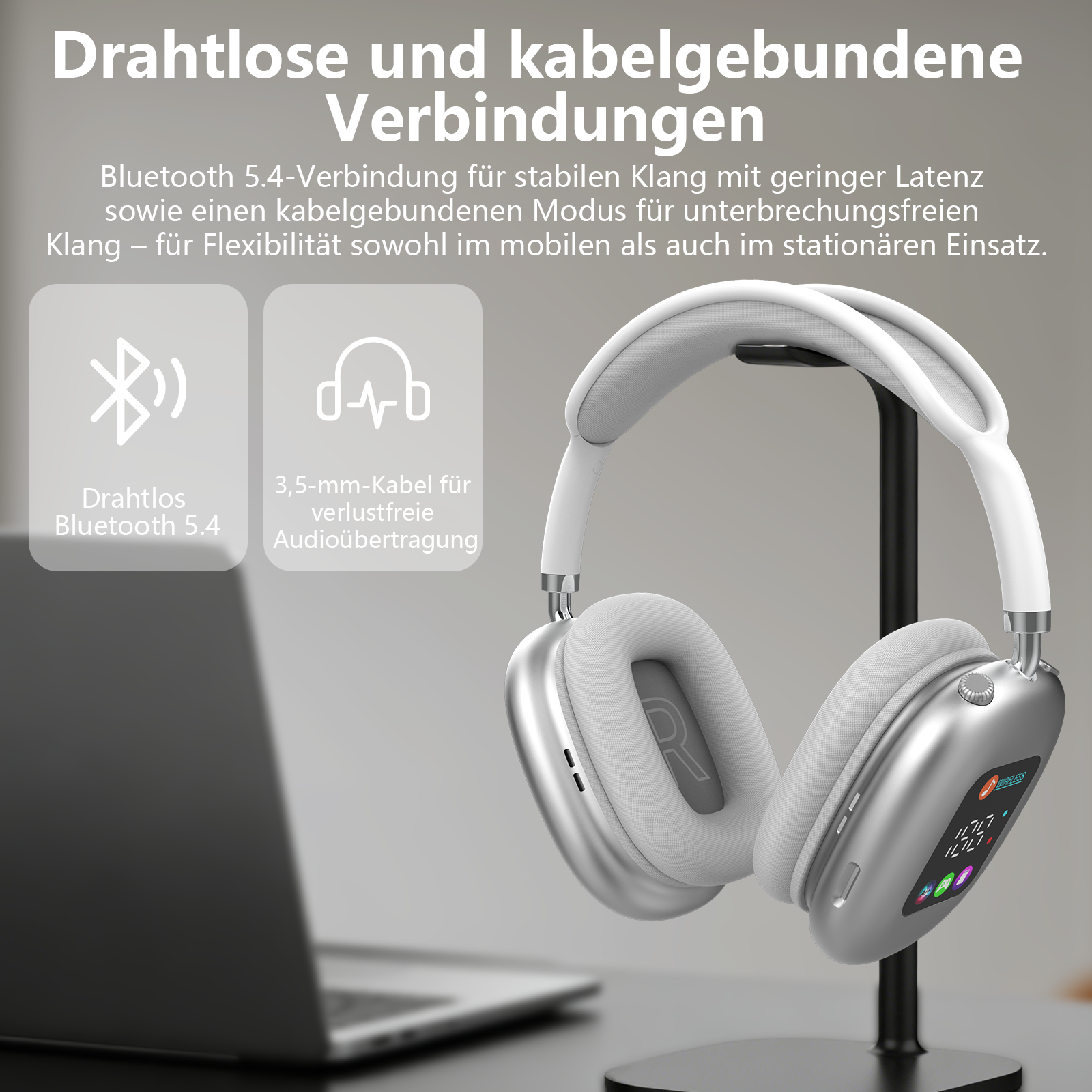 Silberne Kopfhörer mit Bluetooth 5.4 und Kabeloption, neben einem Laptop.