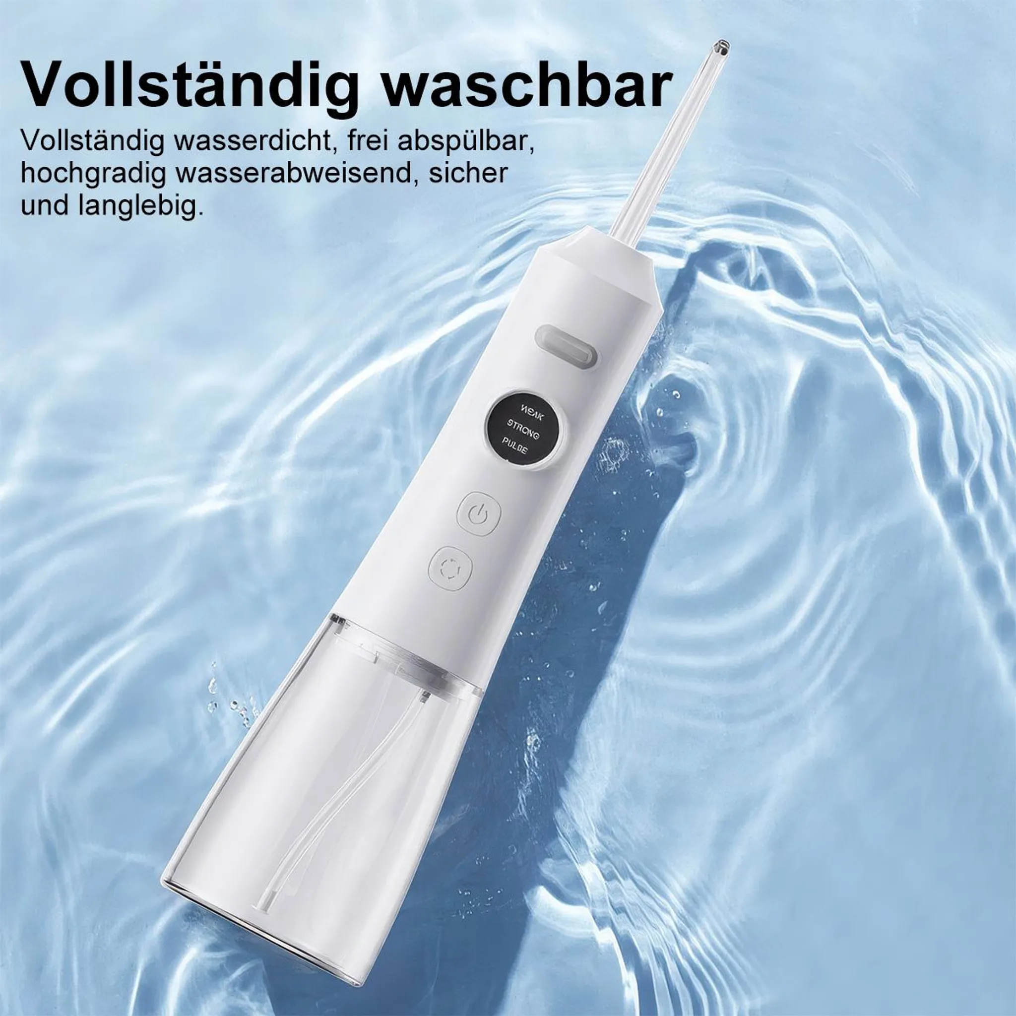 Ein weißer elektrischer Mundduschen mit einem transparenten Tank auf blauem Wasser.
