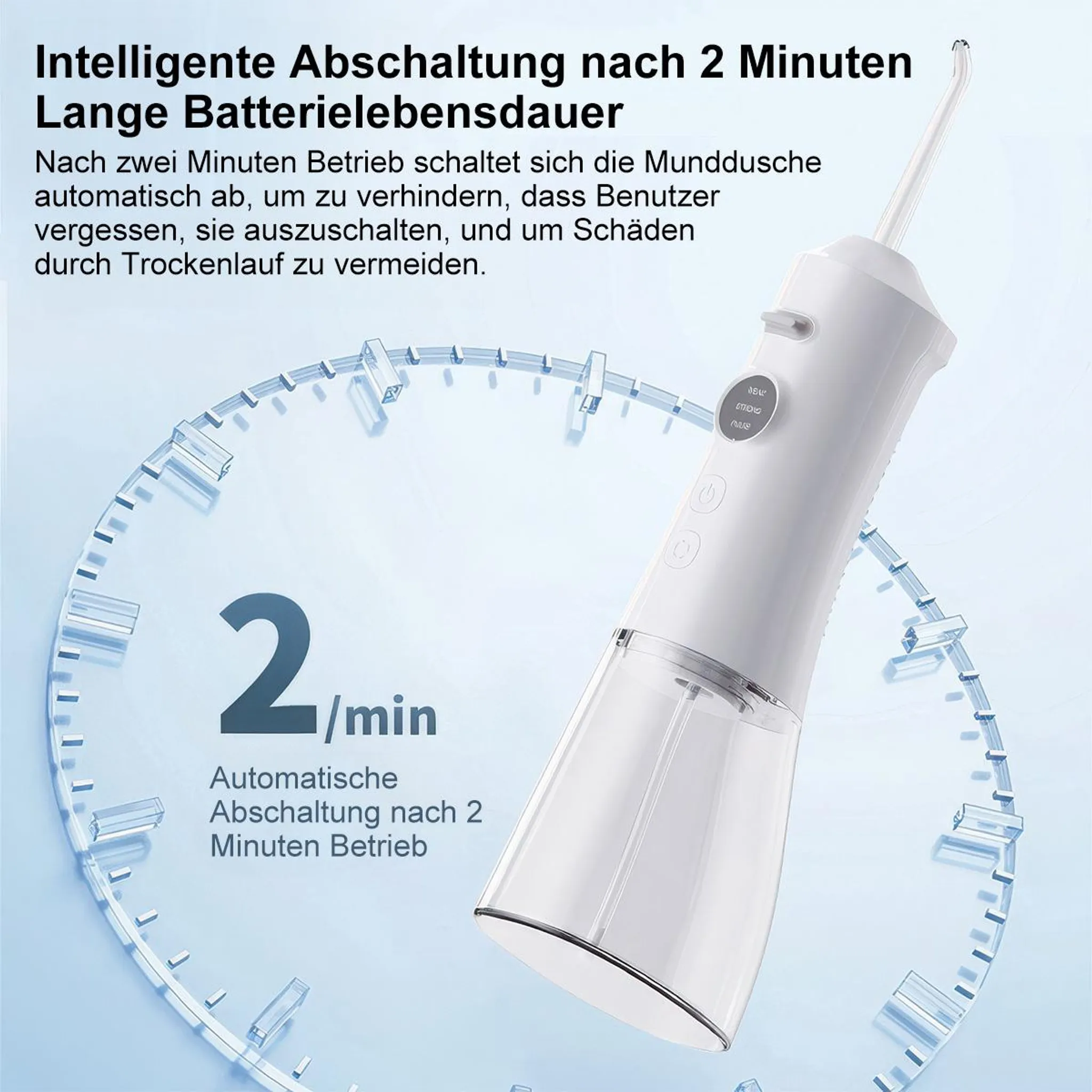 Weiße Munddusche mit transparentem Tank, neben einer Uhrgrafik mit der Zahl 2.