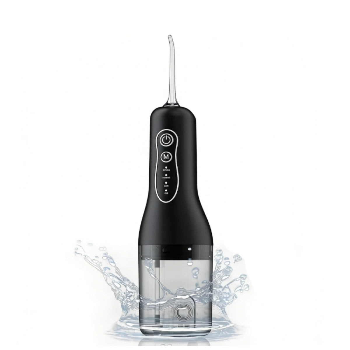 Ein schwarzer elektrischer Mundduschen mit transparentem Reservoir und Wasserspritzern.