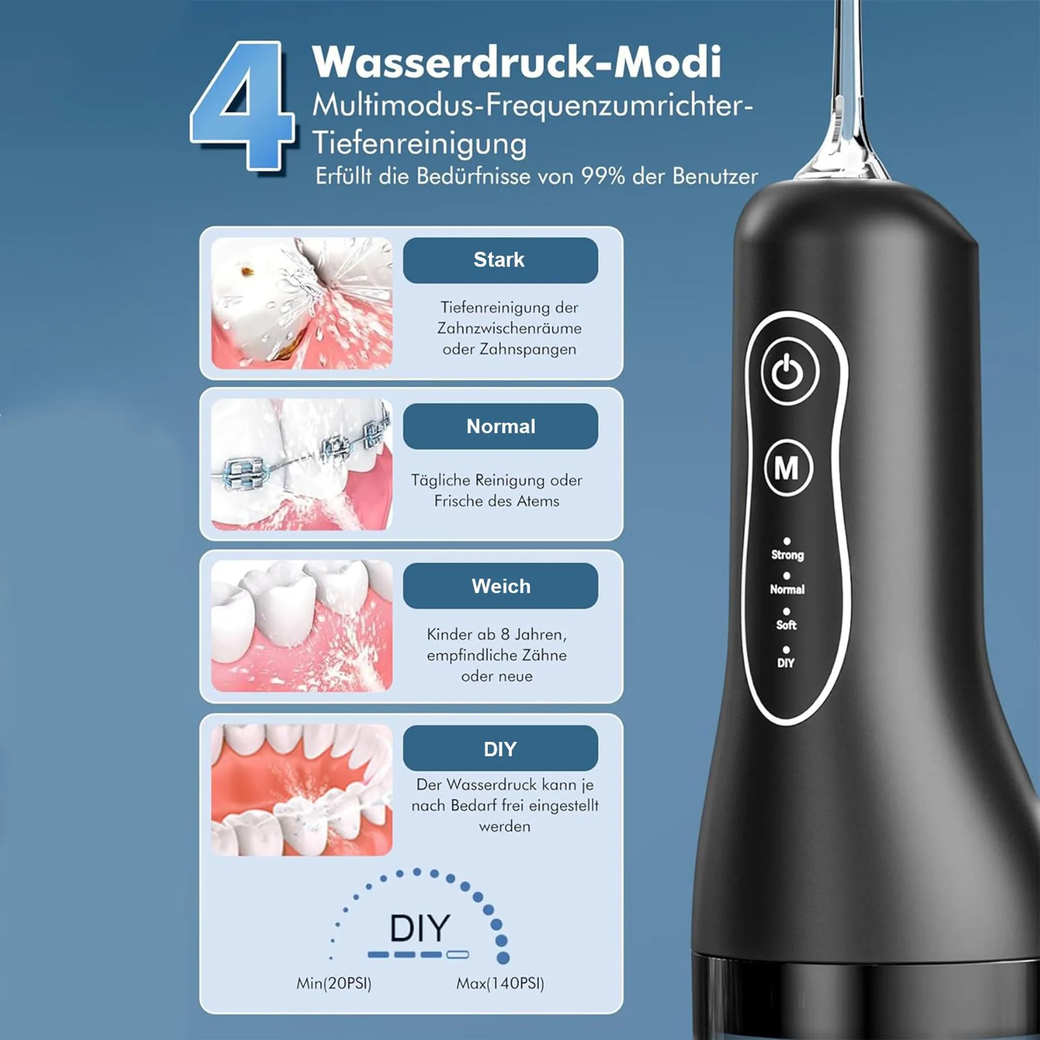 Ein schwarzer Mundduschen-Aufsteller mit 4 Modi: Stark, Normal, Weich und DIY.