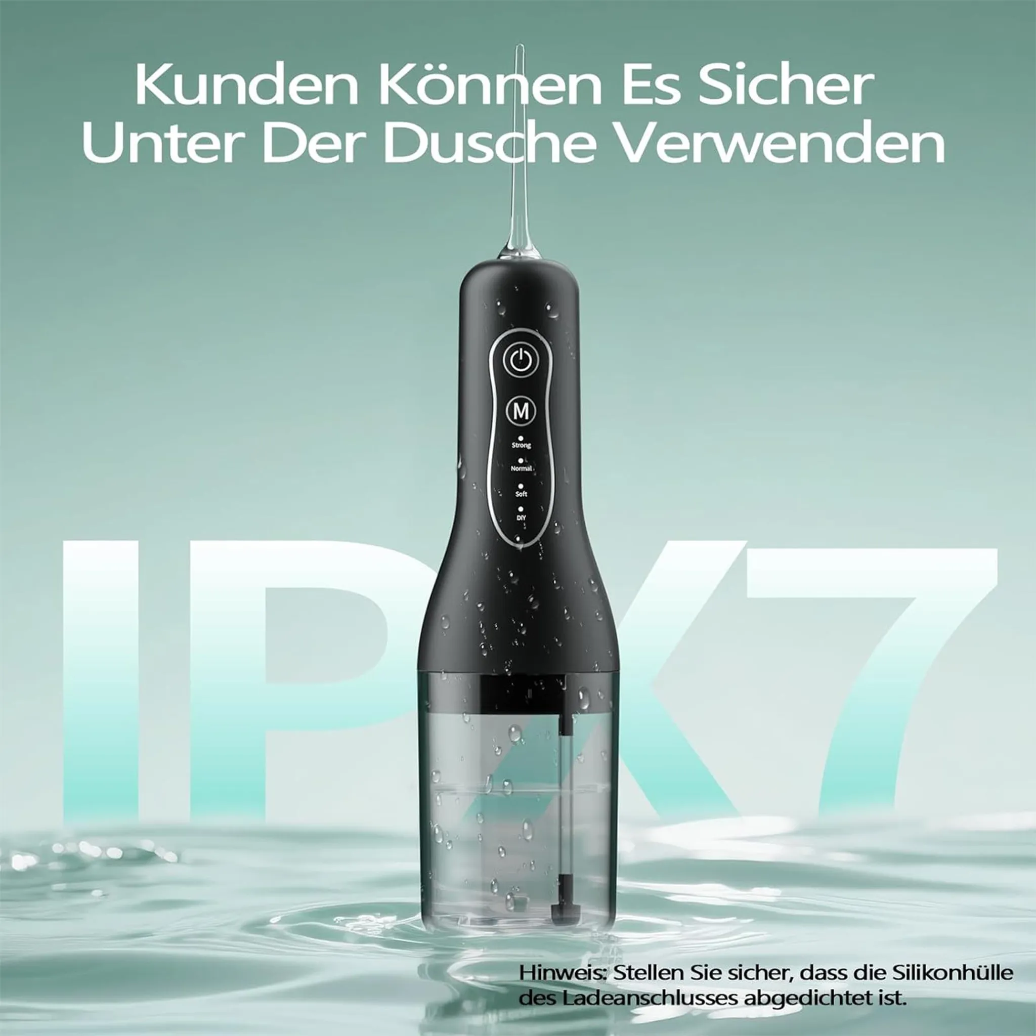 Schwarzer Wasserduschen-Reiniger mit IPX7-Bewertung, nass und mit Wassertropfen.