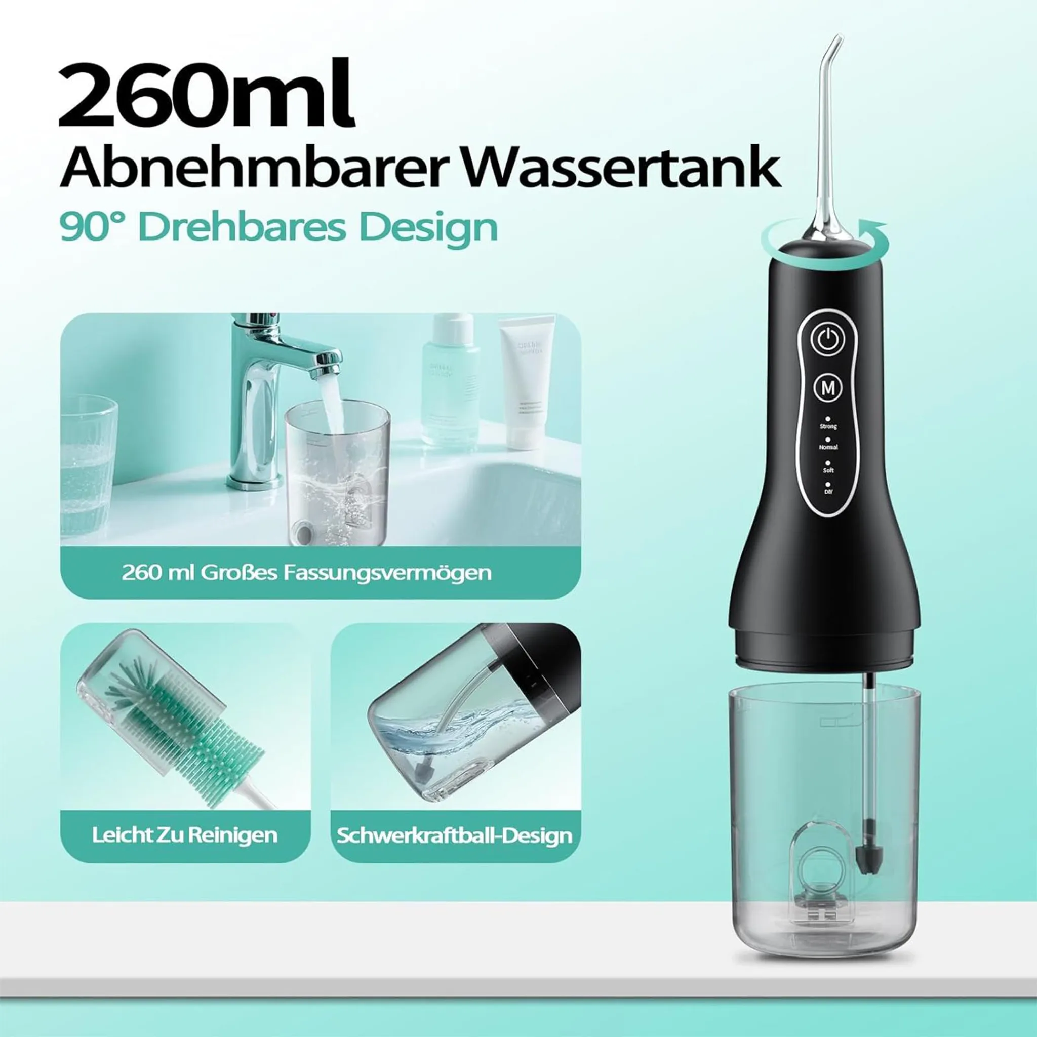 Ein schwarzer Wassserflosser mit abnehmbarem 260ml Tank und verschiedenen Aufsätzen.