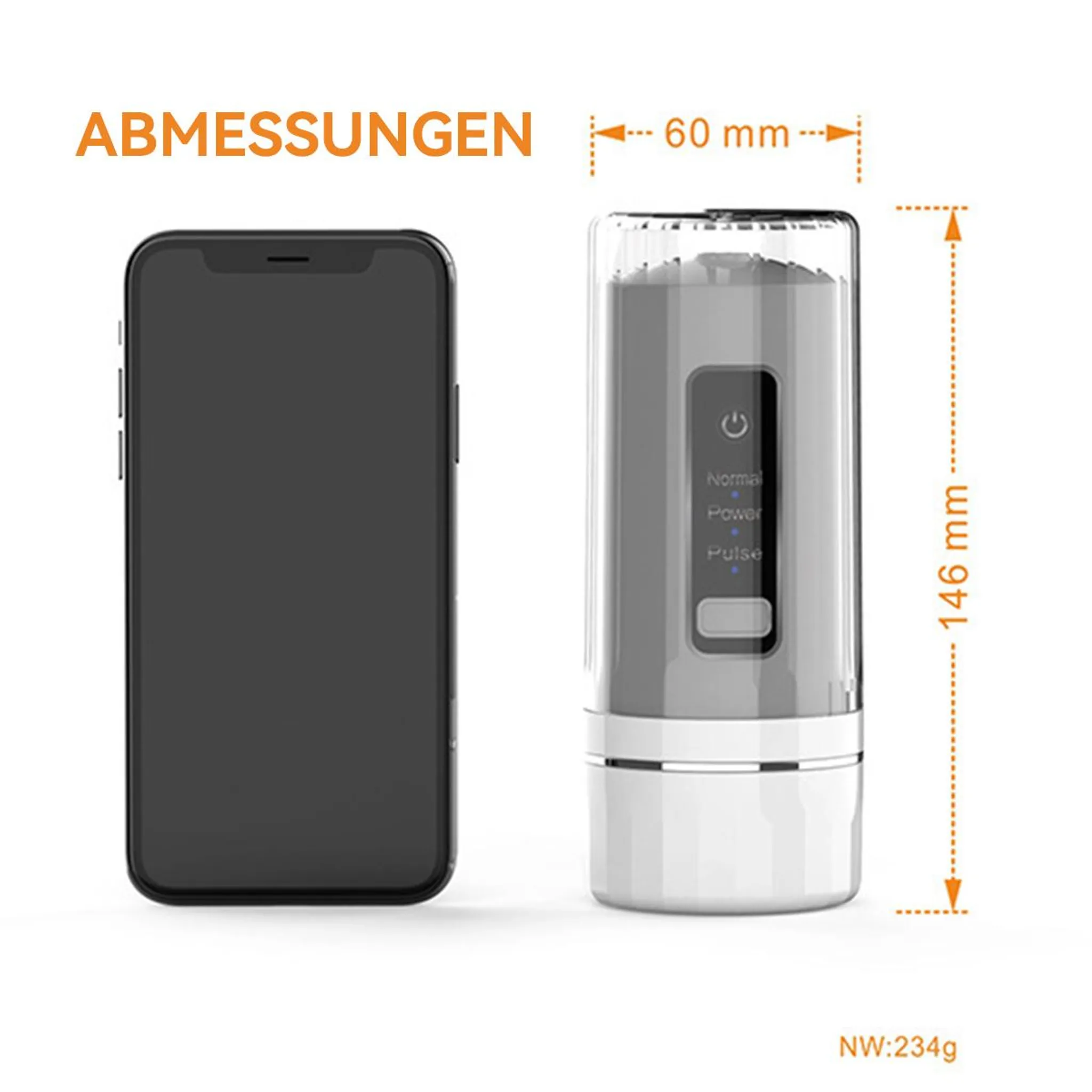 Ein schwarzes Smartphone und ein weißer tragbarer Mixer sind abgebildet. Maße: 60 mm Breite, 146 mm Höhe, 234 g.