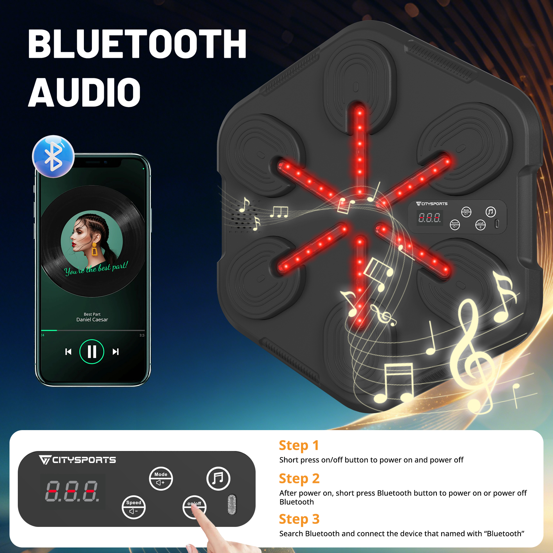 Smartphone affiche la lecture de musique à côté d'une enceinte Bluetooth noire avec des lumières rouges.