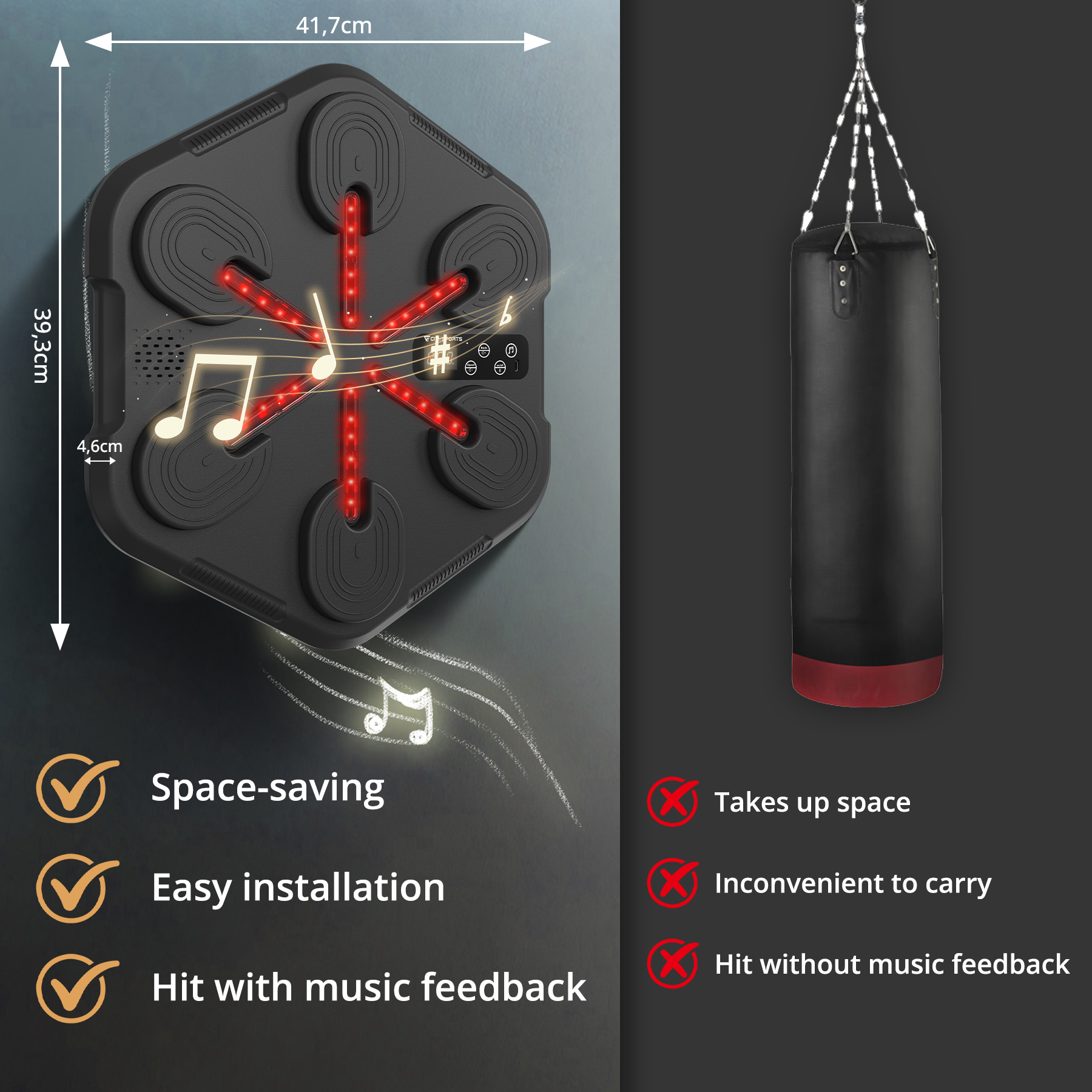 Tapis de boxe noir avec notes de musique et lumières à côté d'un sac de boxe noir.