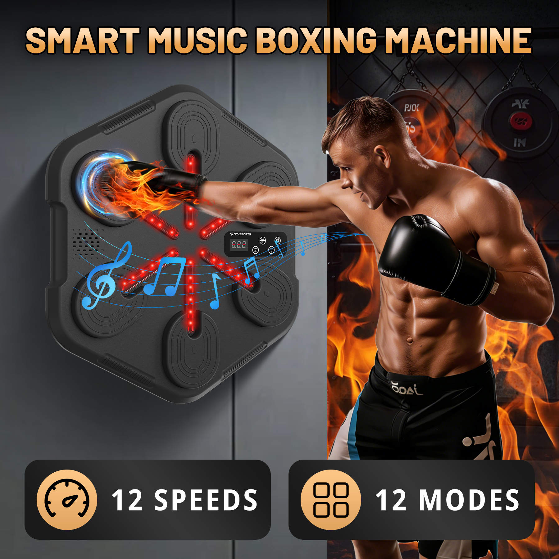 Un homme boxe une machine de boxe musicale intelligente avec lumières.