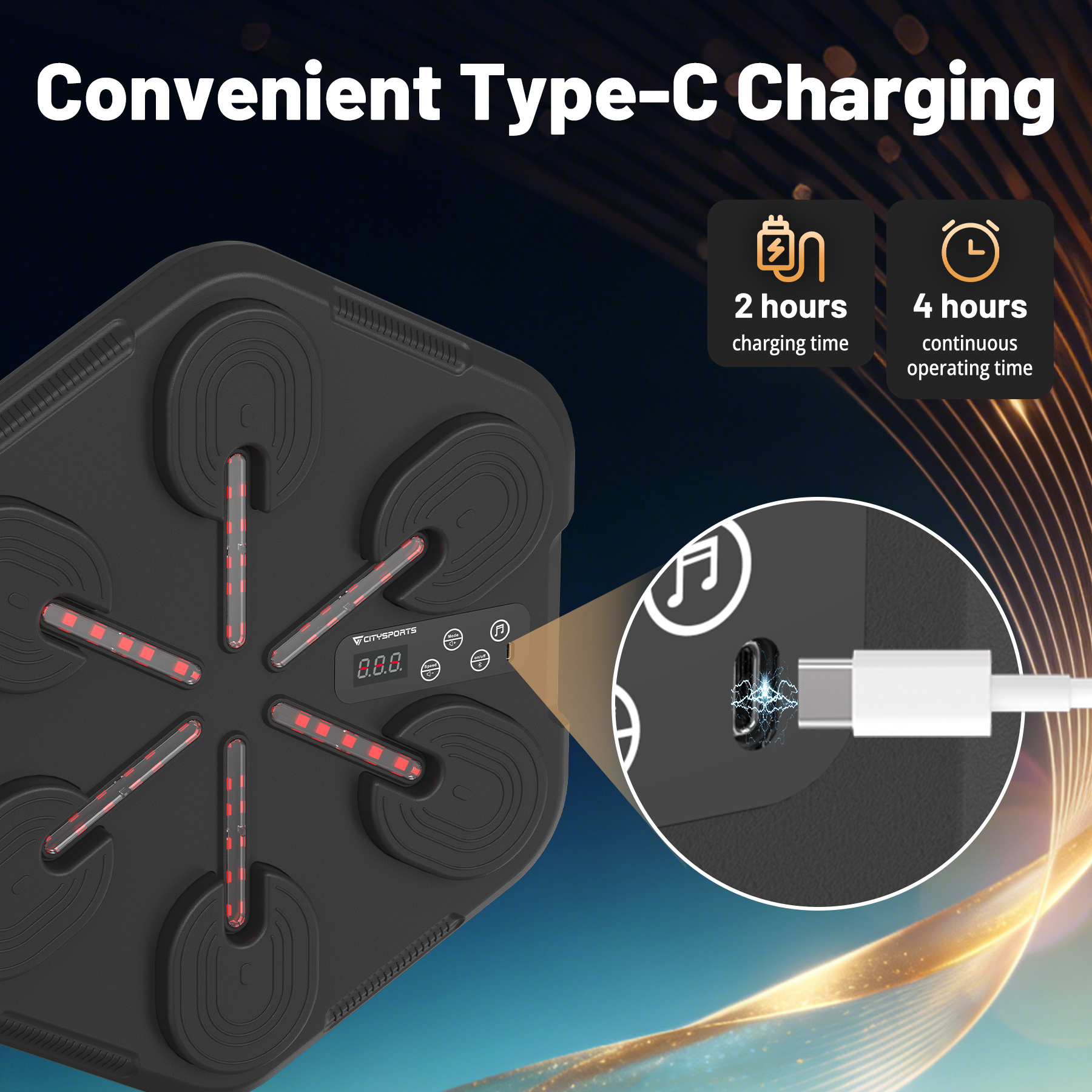 Appareil noir avec lumières rouges, port de charge Type-C et temps de charge.