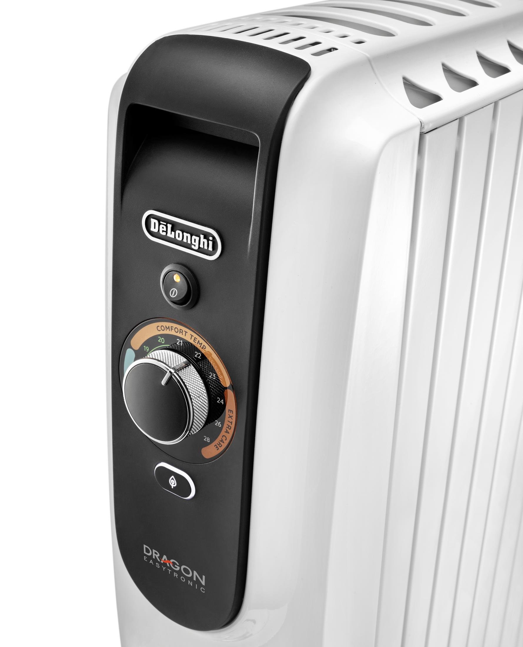 Ein weißer Heizkörper mit schwarzem Bedienfeld und DeLonghi-Logo.