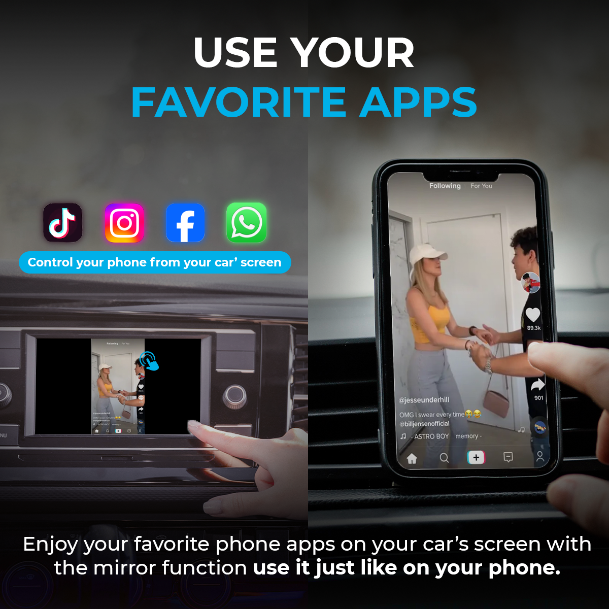 Autobildschirm zeigt Apps wie TikTok, Instagram, Facebook, WhatsApp. Telefon zeigt TikTok.