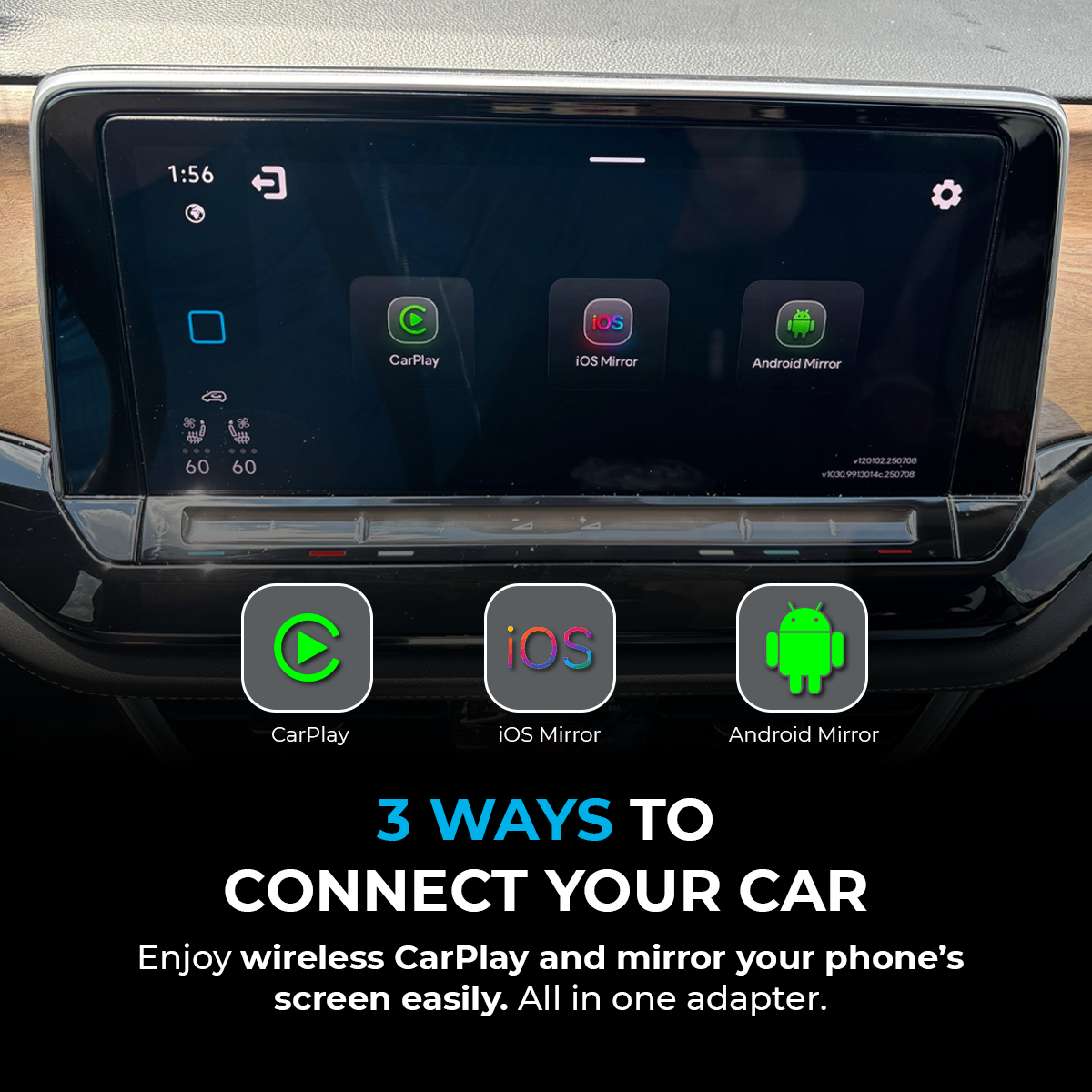 Autoinnenraum mit Infotainment-Bildschirm, der CarPlay, iOS Mirror und Android Mirror anbietet.