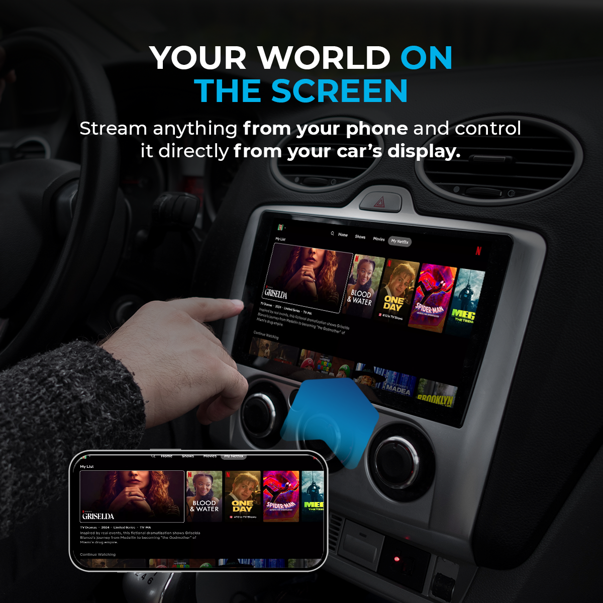 Ein Mann tippt auf einen Touchscreen im Auto, der Filme und Serien anzeigt.