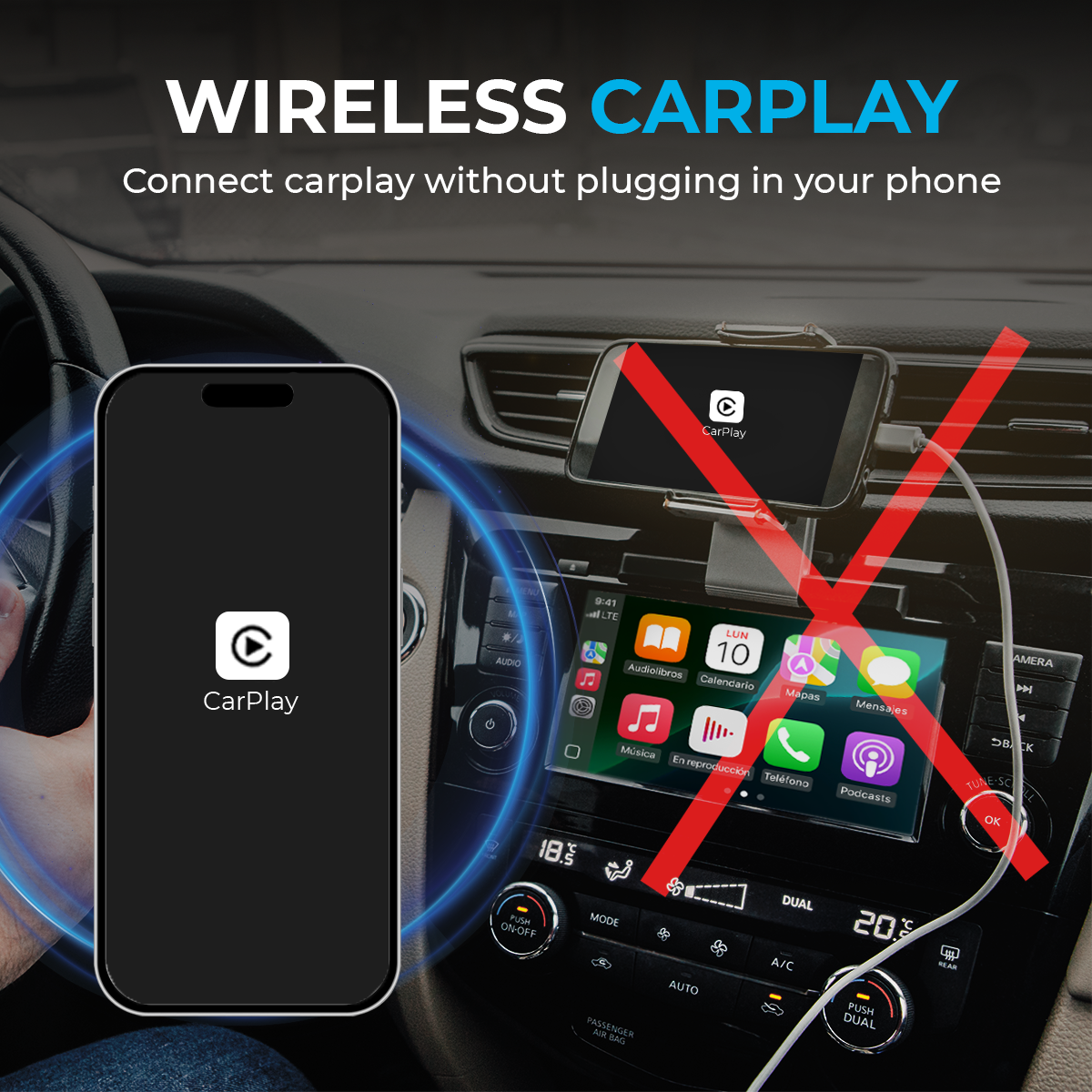 Ein Smartphone zeigt CarPlay, daneben das Infotainmentsystem eines Autos.