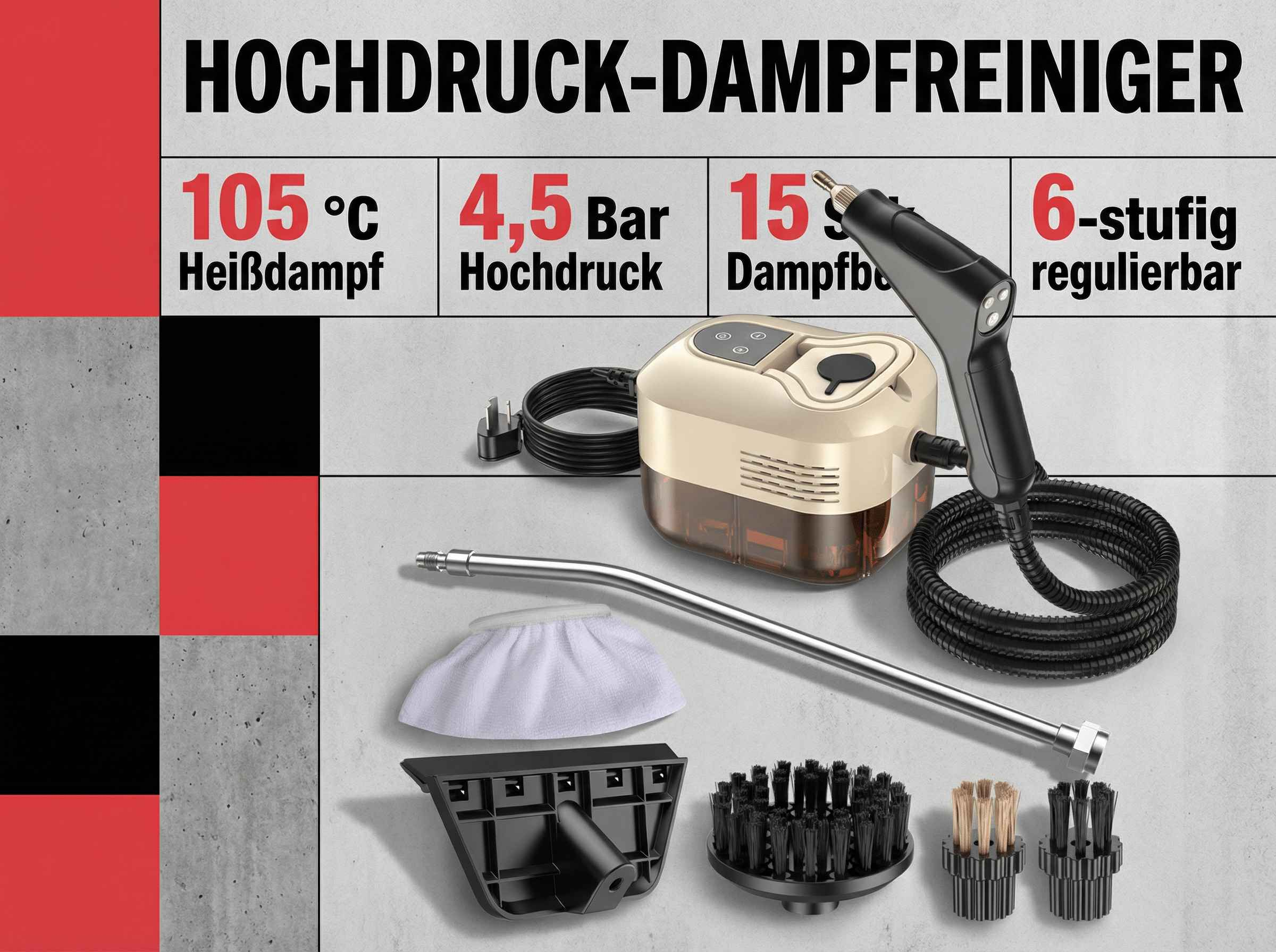 Ein Hochdruck-Dampfreiniger mit Zubehör: Hauptgerät, Sprühpistole, Rohre, Bürsten.
