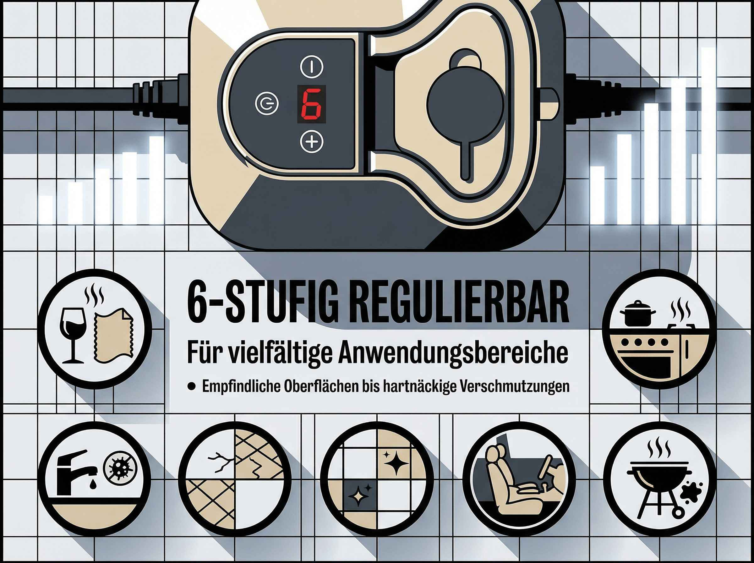 Ein Gerät mit digitaler Anzeige '6', Symbolen für verschiedene Anwendungen und Text.
