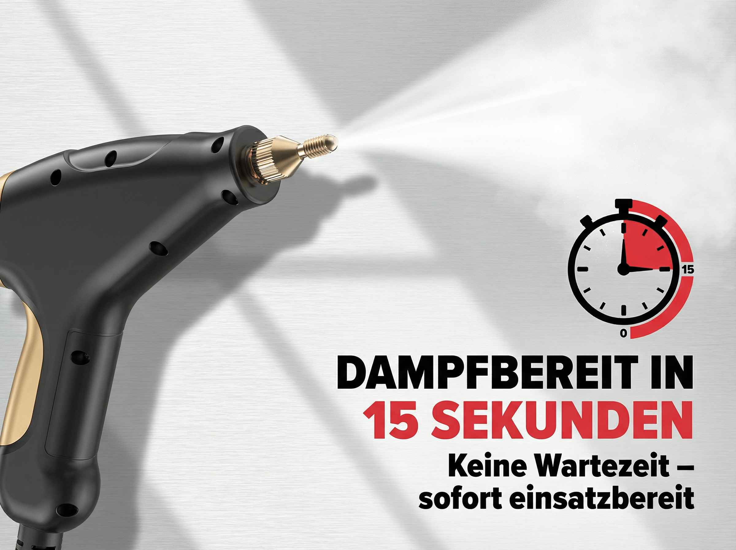 Ein Dampfreiniger sprüht Dampf neben einer Stoppuhr, die 15 Sekunden anzeigt.