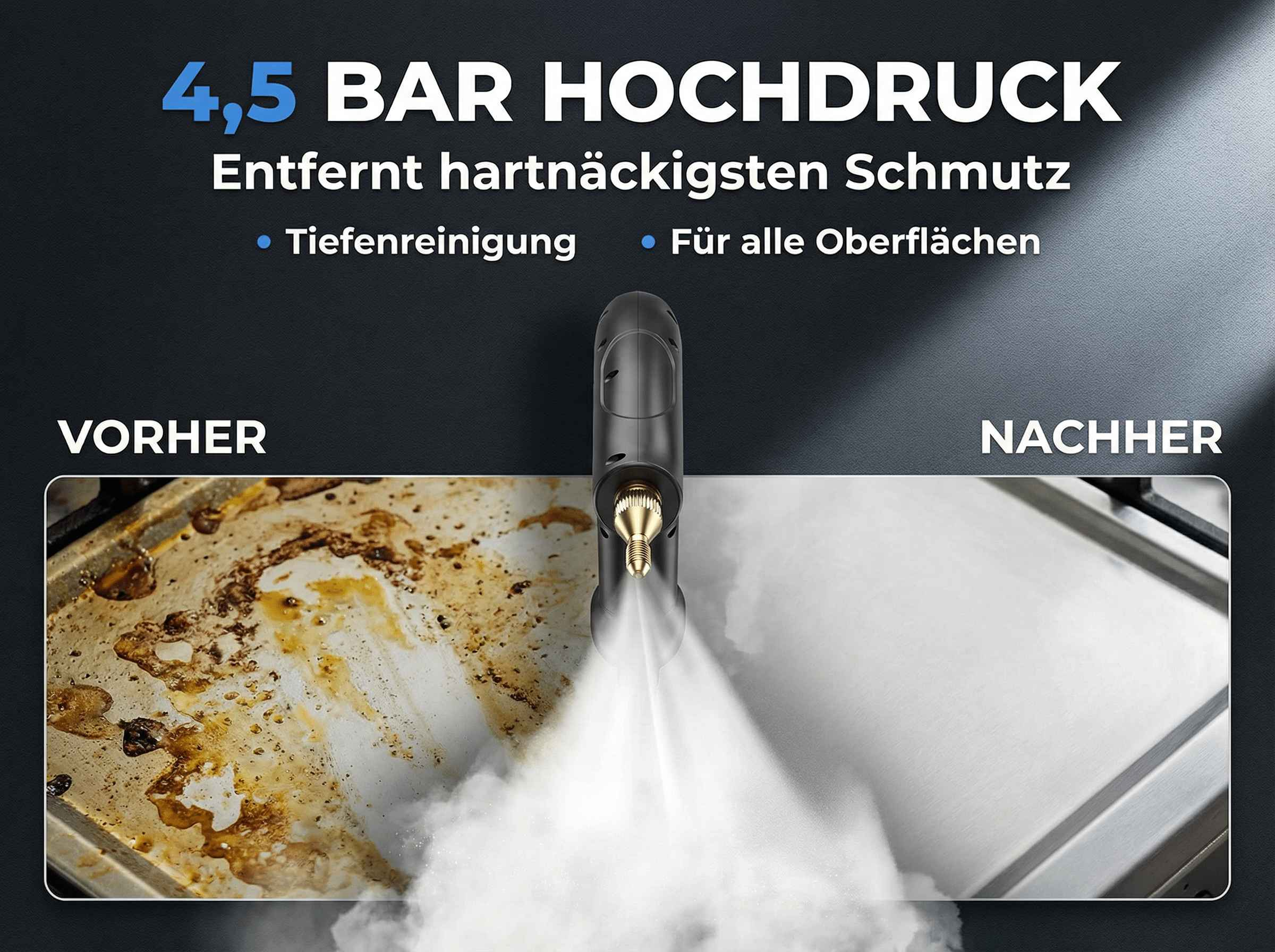 Ein Dampfreiniger reinigt eine schmutzige Oberfläche, die danach sauber ist.