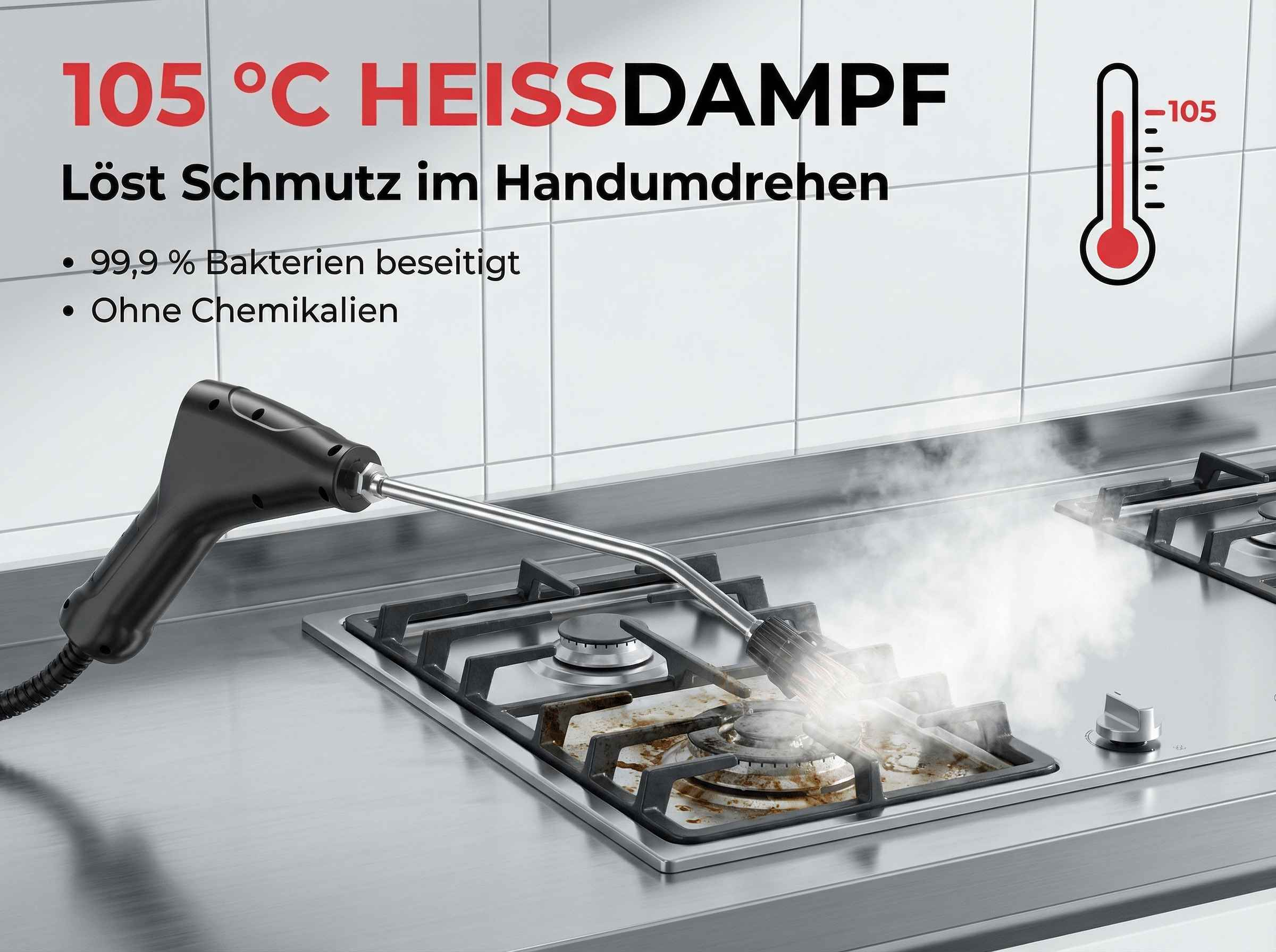 Heißdampfreiniger reinigt Gasherd mit Dampf bei 105°C.