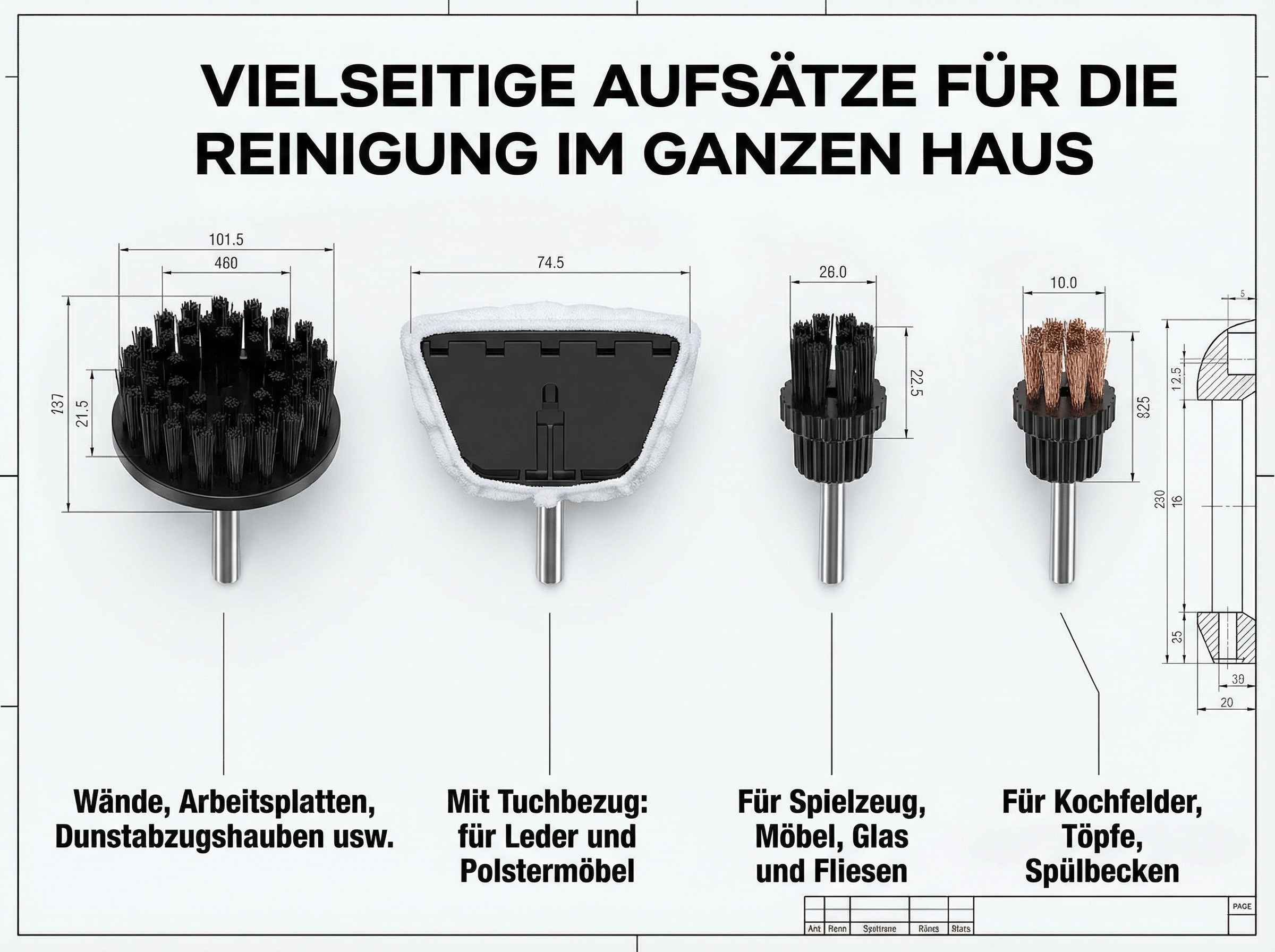 Diagramm von Reinigungsaufsätzen: Bürsten, ein Kopfteil mit Tuch und eine Drahtbürste.
