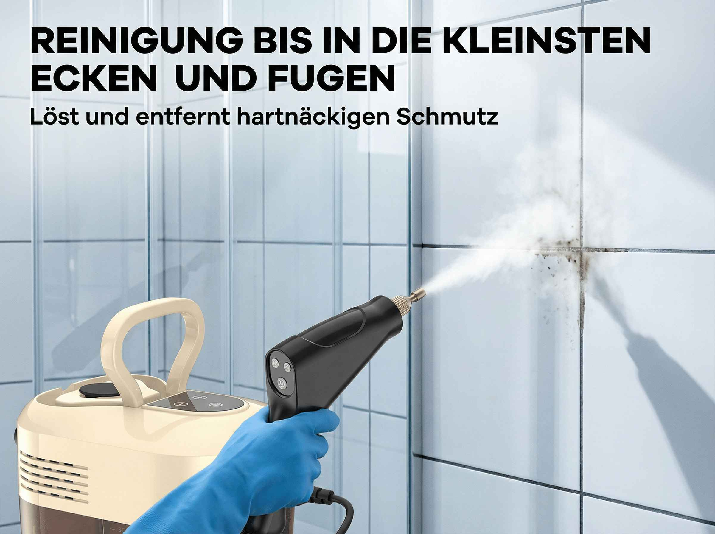 Dampfreiniger reinigt schmutzige Fugen an weißen Kacheln.