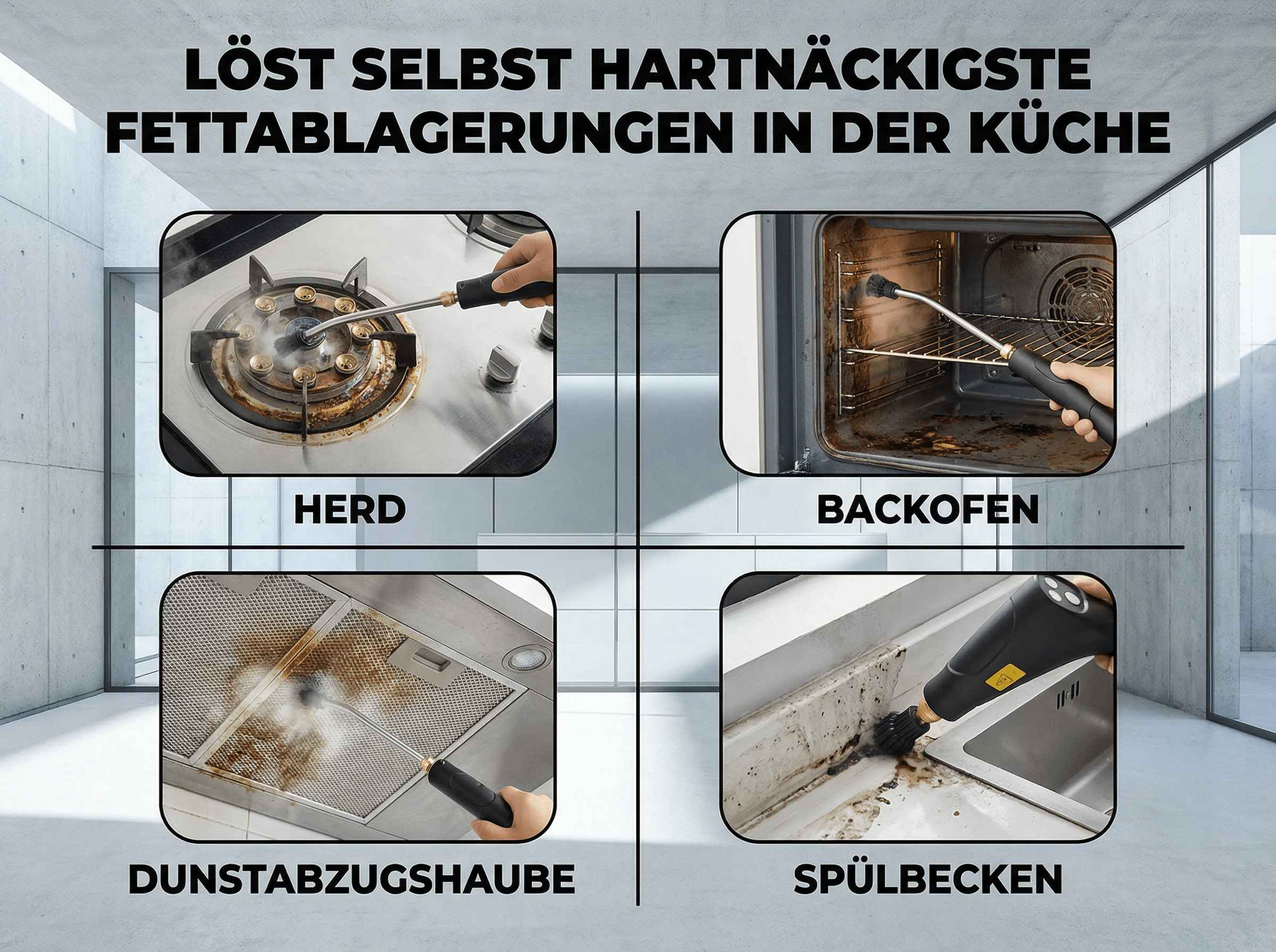 Ein Dampfreiniger entfernt Fett von Herd, Backofen, Dunstabzugshaube und Spülbecken.
