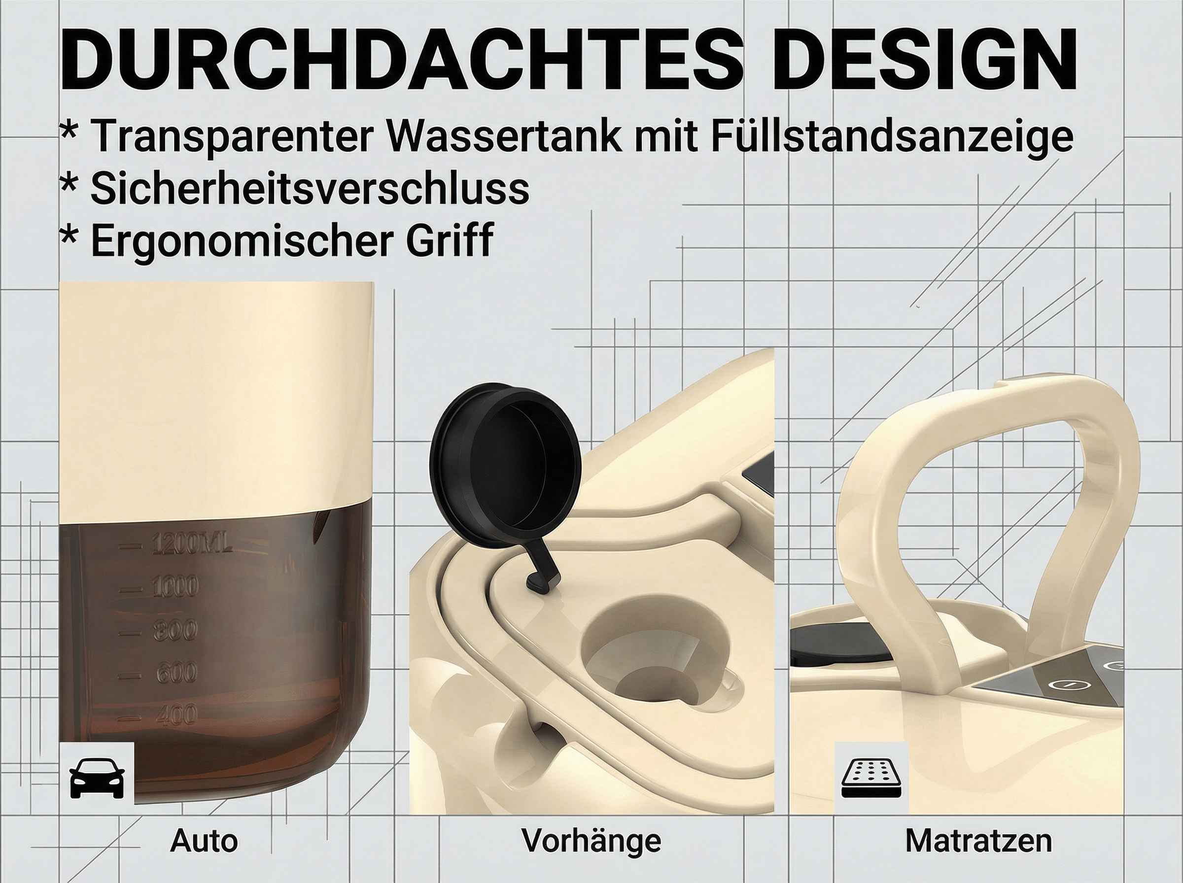 Produktabbildung zeigt Wassertank, Verschluss und Griff.