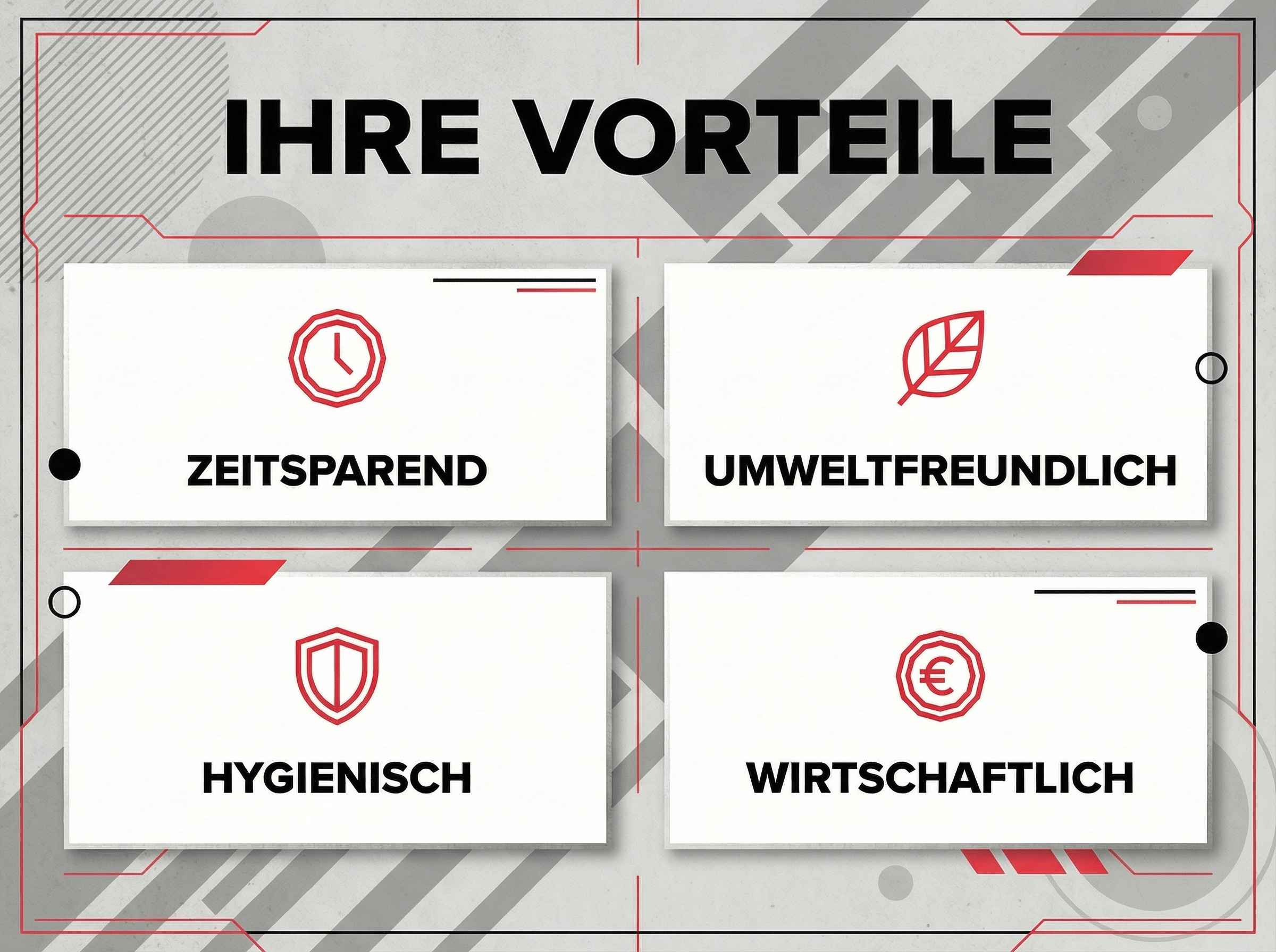 Vier Vorteile: Zeitsparend, umweltfreundlich, hygienisch, wirtschaftlich.