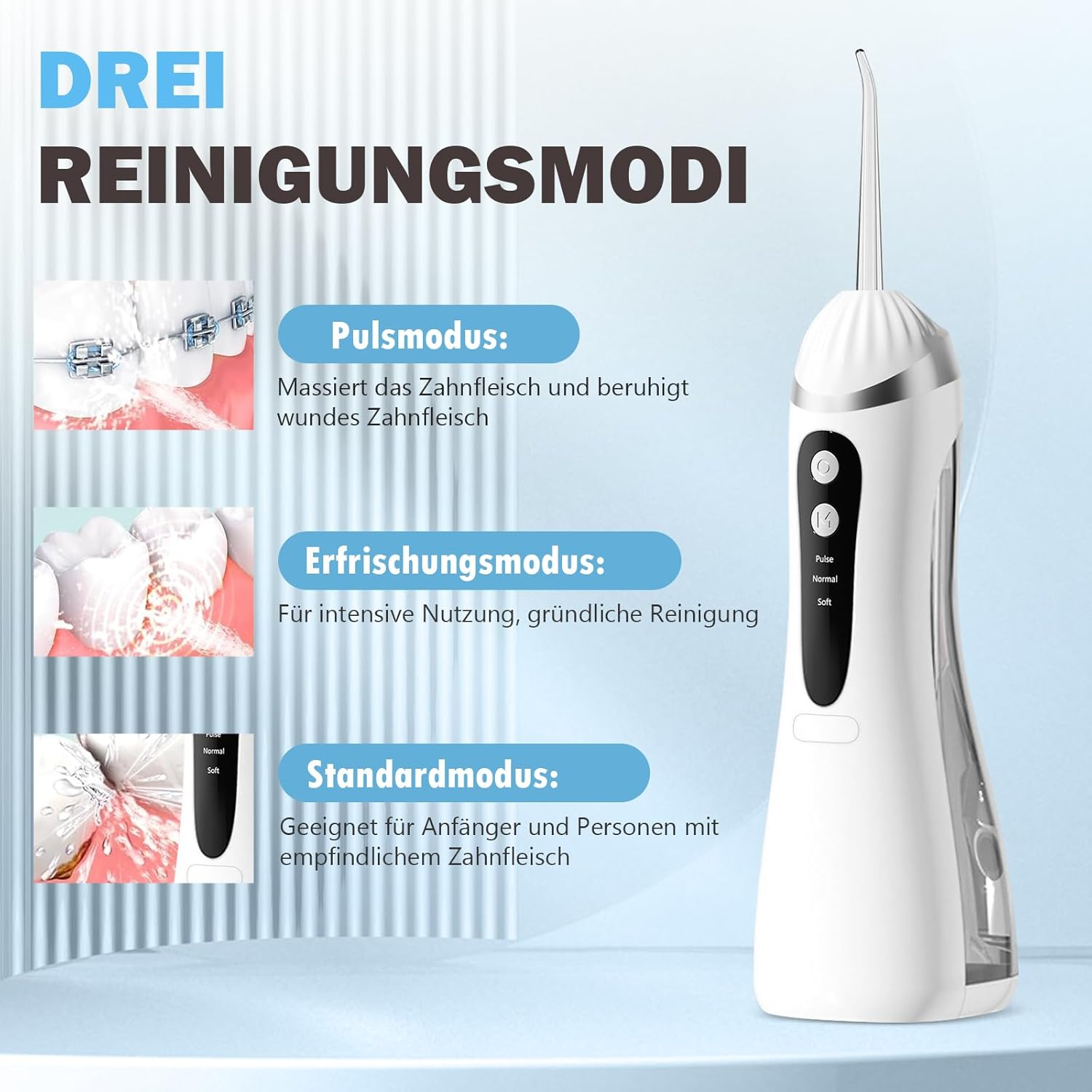 Ein weißer elektrischer Zahnreiniger mit drei Reinigungsmodi: Puls, Normal und Soft.