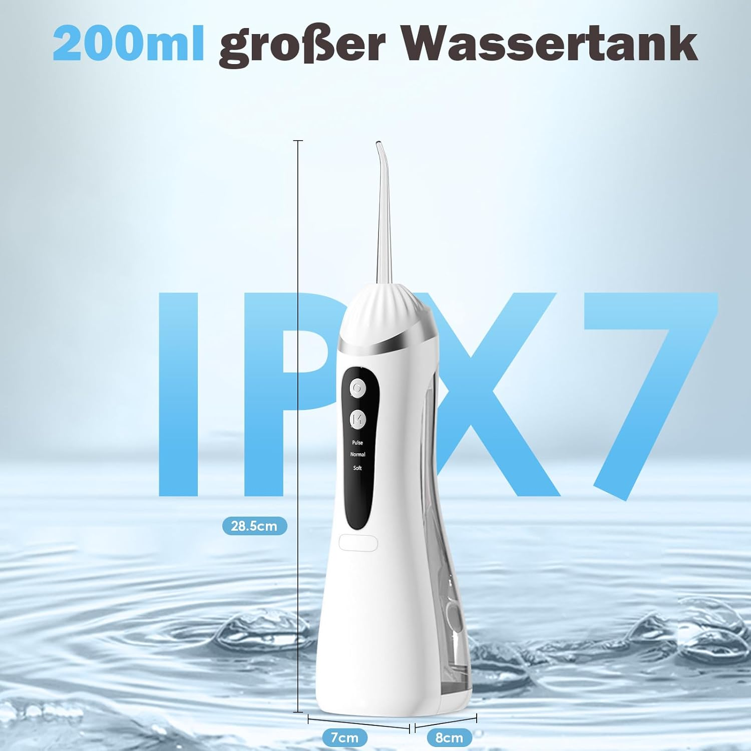 Ein weißer Wassserflosser mit 28,5 cm Höhe, 7 cm Breite, 8 cm Tiefe.