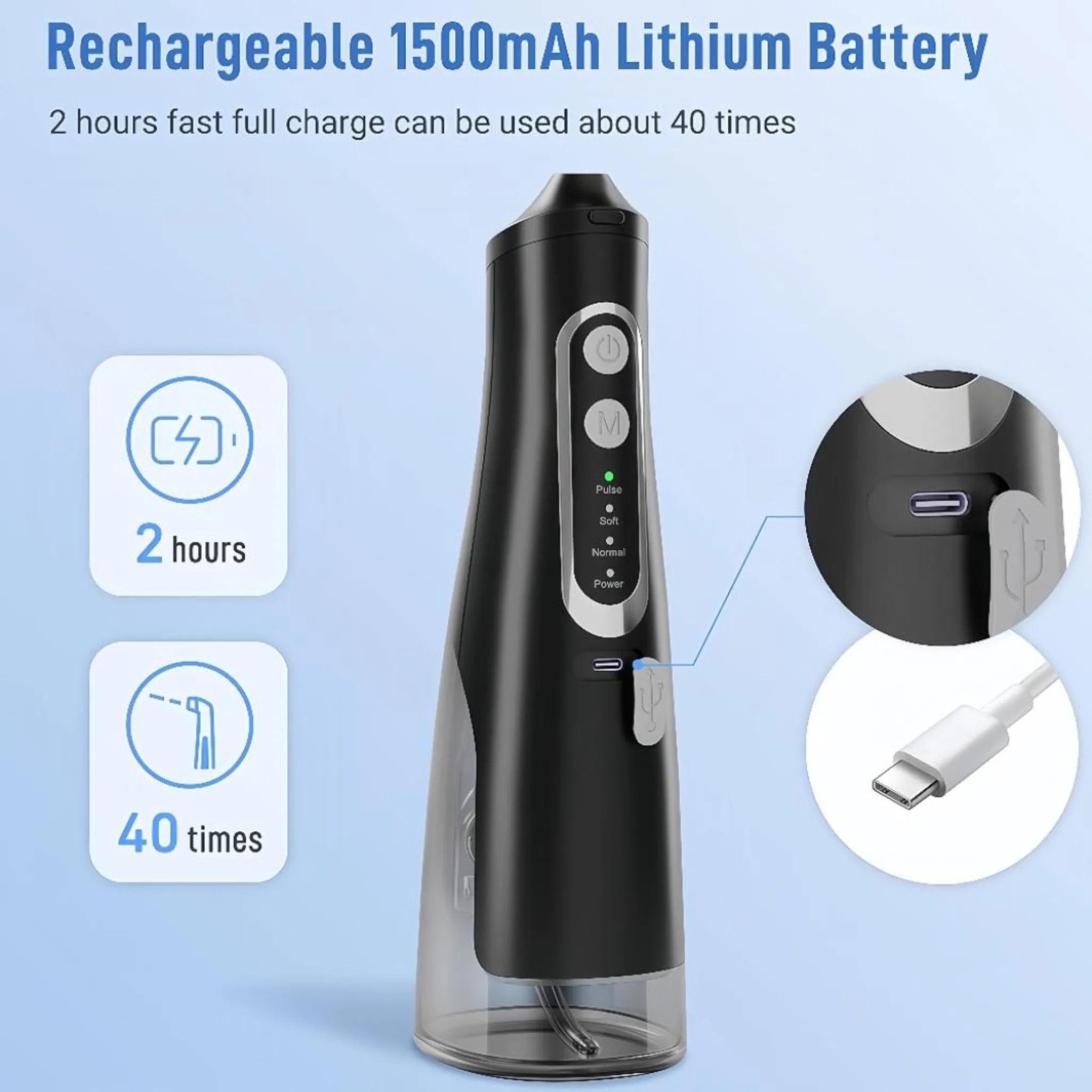 Schwarzer, wiederaufladbarer Wasserrad-Zahnreiniger mit USB-C-Ladeanschluss und Ladeanzeigen.