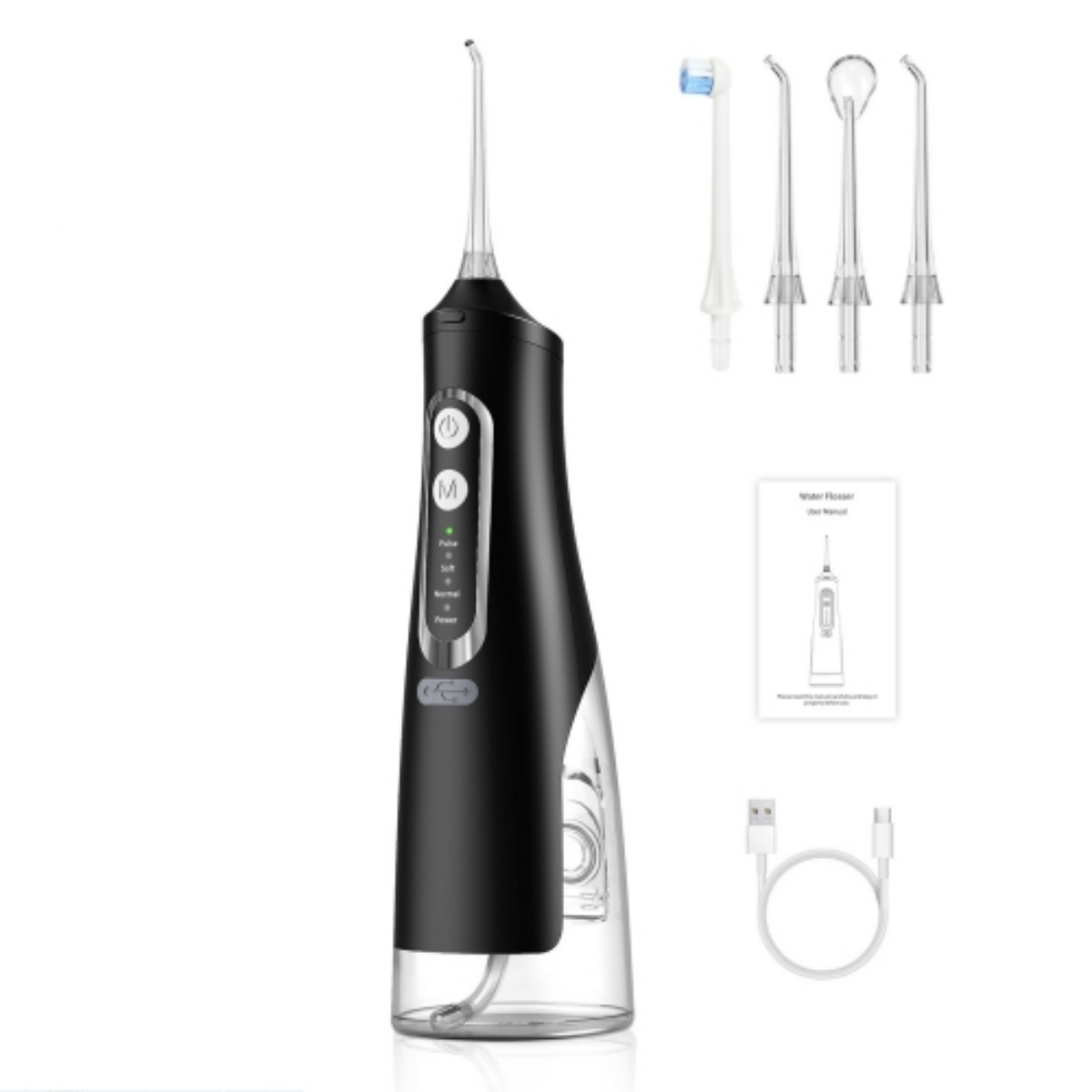 Schwarzer Wasserdruckreiniger mit Zubehör: Düsen, Handbuch und USB-Kabel.