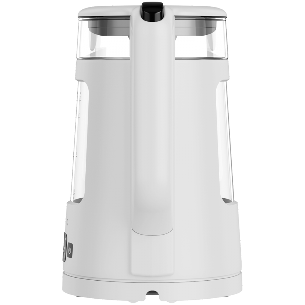 Biały czajnik z przezroczystymi elementami i czarną rączką.