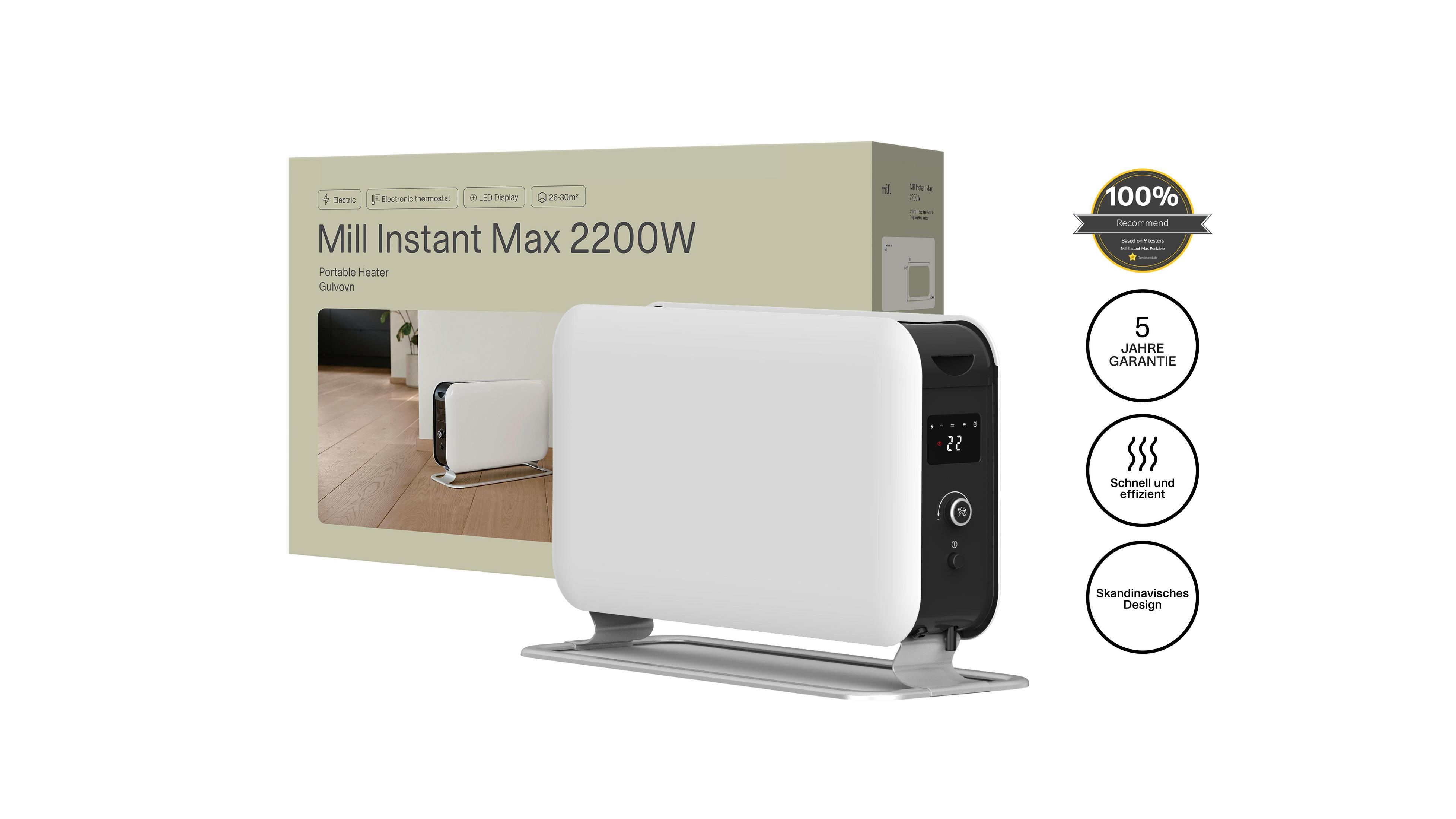 Un calefactor portátil blanco con panel de control negro y pantalla LED.