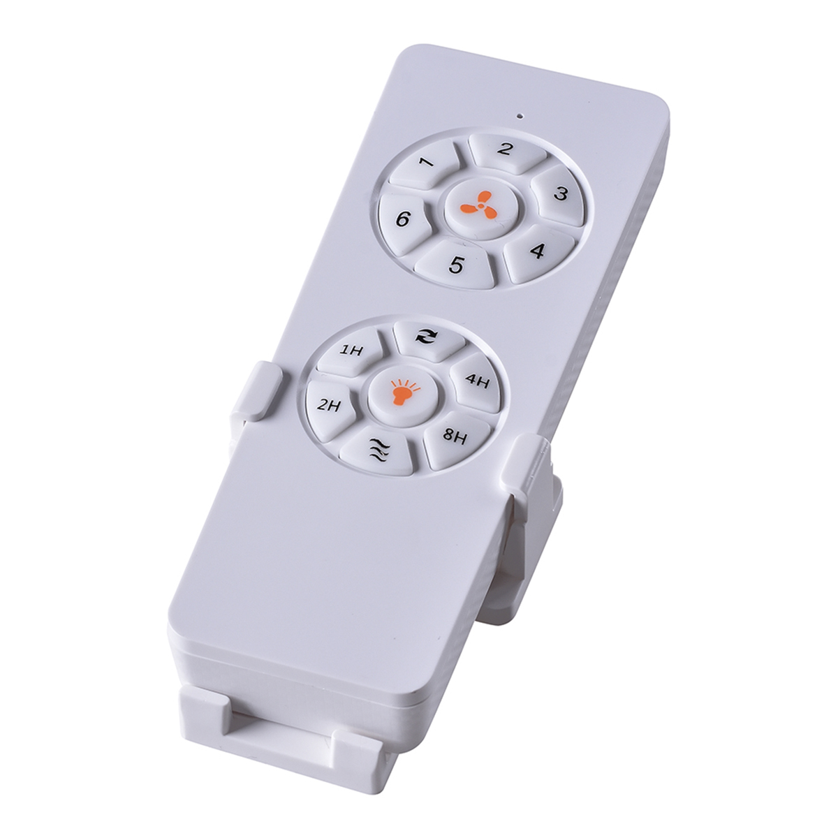 Mando a distancia blanco con ajustes de ventilador y temporizador.