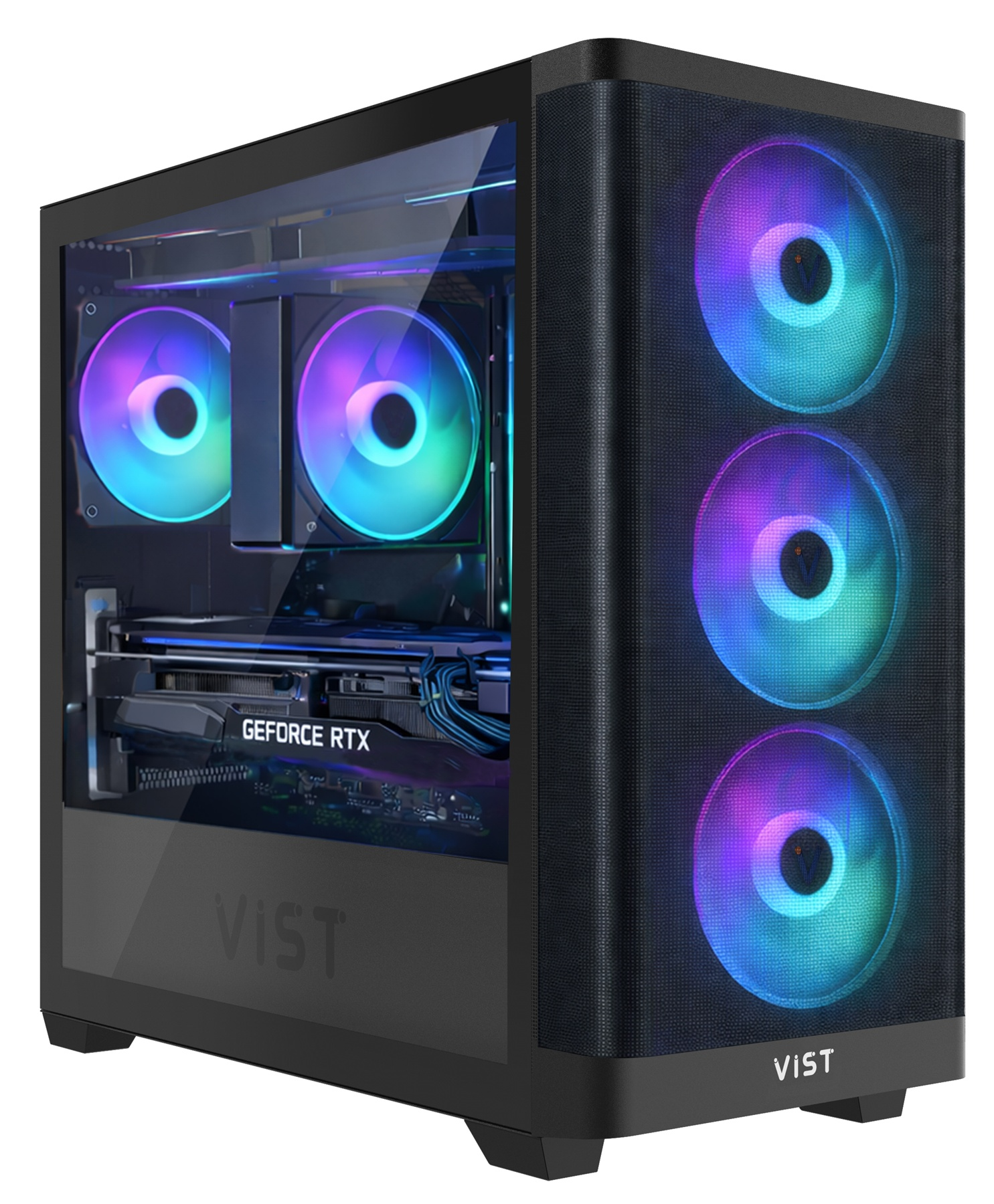 Un case per computer nero con lato in vetro, ventole RGB e scheda grafica GeForce RTX.