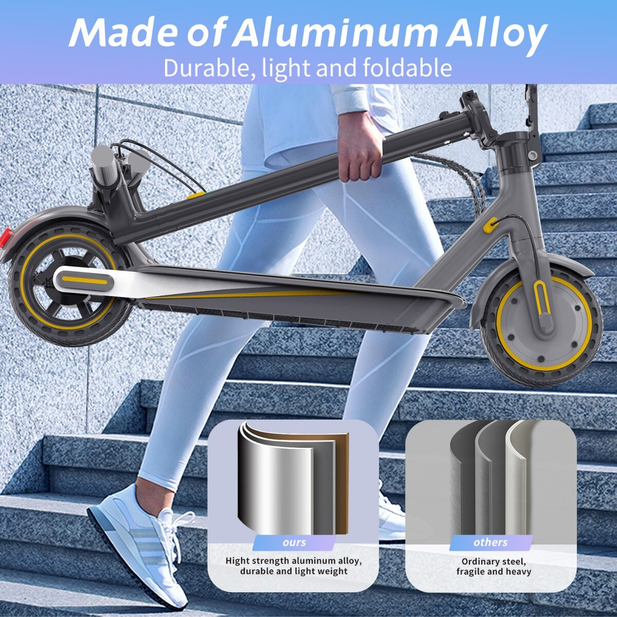 Szara składana hulajnoga ze stopu aluminium, niesiona po schodach.