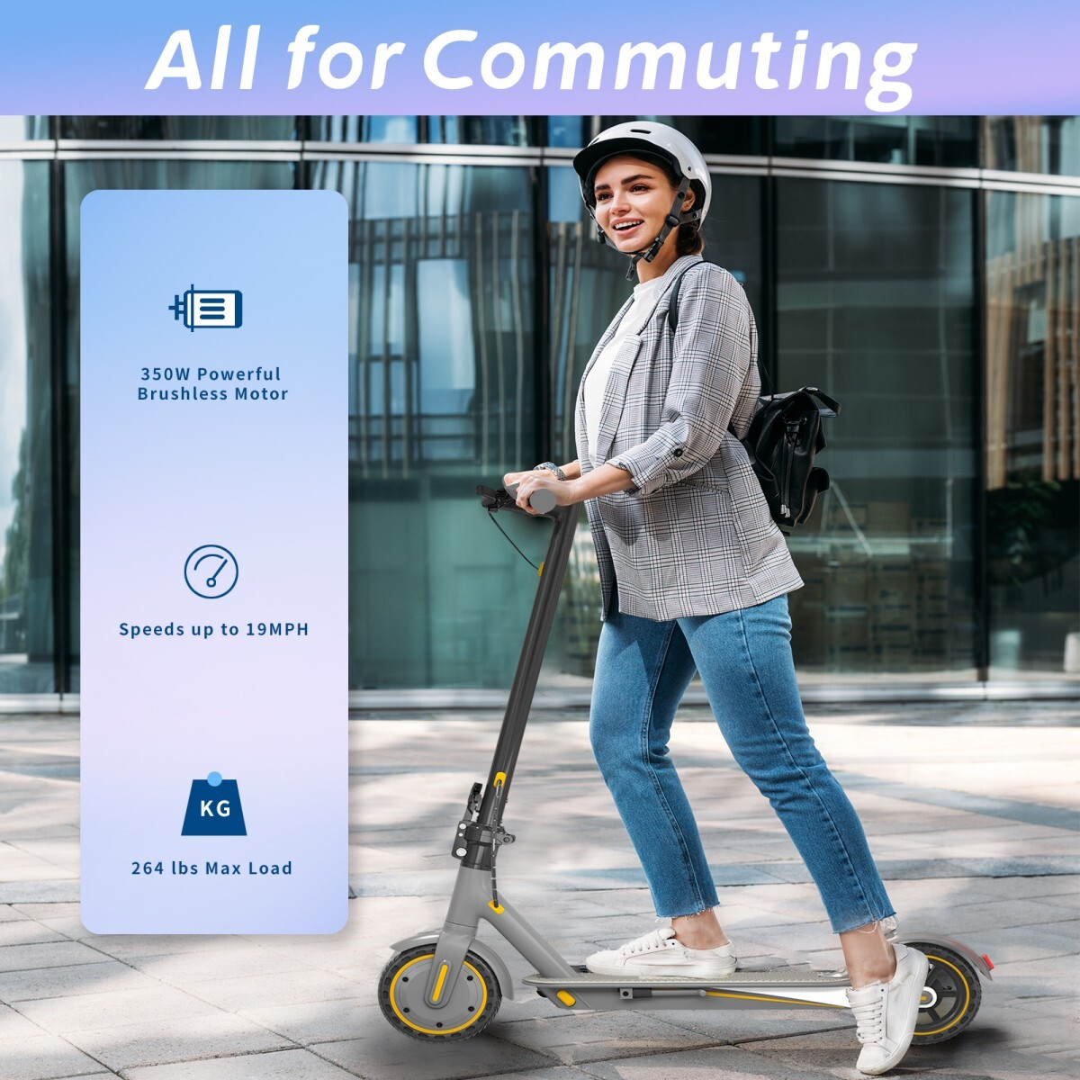 Kobieta na hulajnodze elektrycznej, tekst: silnik 350W, do 19MPH, max. obciążenie 264 funtów.