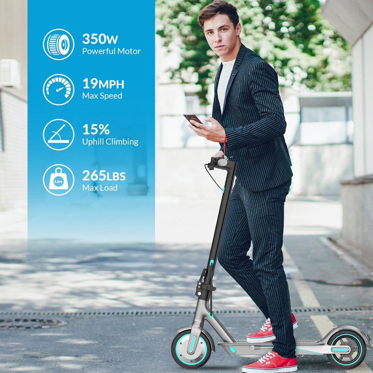 Mężczyzna w garniturze stoi na hulajnodze elektrycznej, trzyma telefon. Specyfikacja: 350W, 19MPH, 15%.