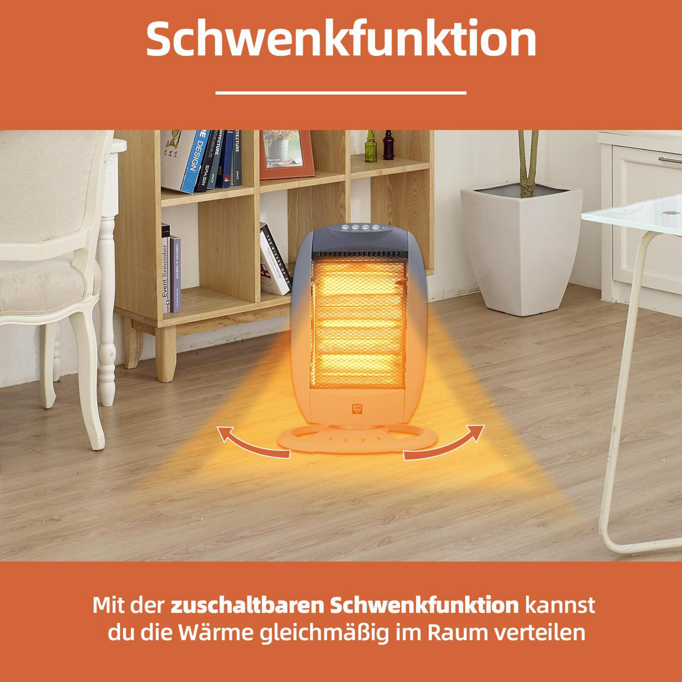 Una stufa a ventilatore con funzione oscillante si trova su un pavimento in legno.