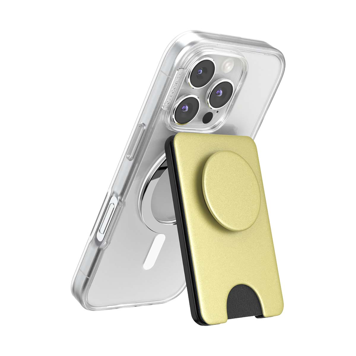 Una custodia trasparente per telefono con porta carte dorato e popsocket.