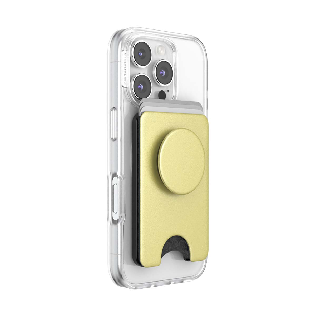 Un'impugnatura dorata per smartphone e porta carte è attaccata al retro di una custodia trasparente per iPhone.