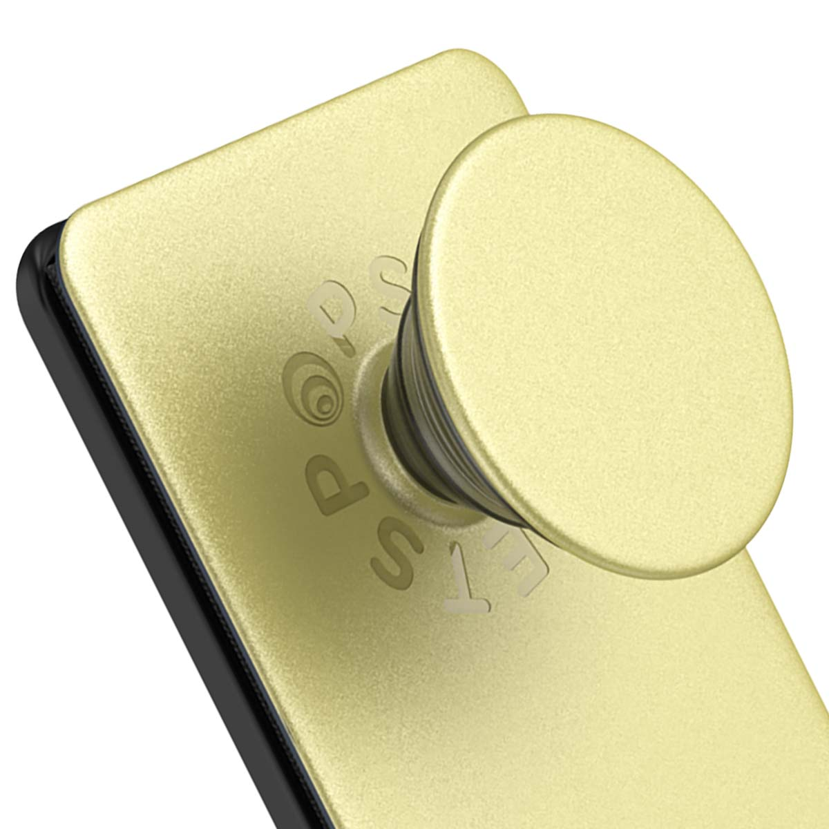 Un PopSocket dorato su uno smartphone, vista ravvicinata.