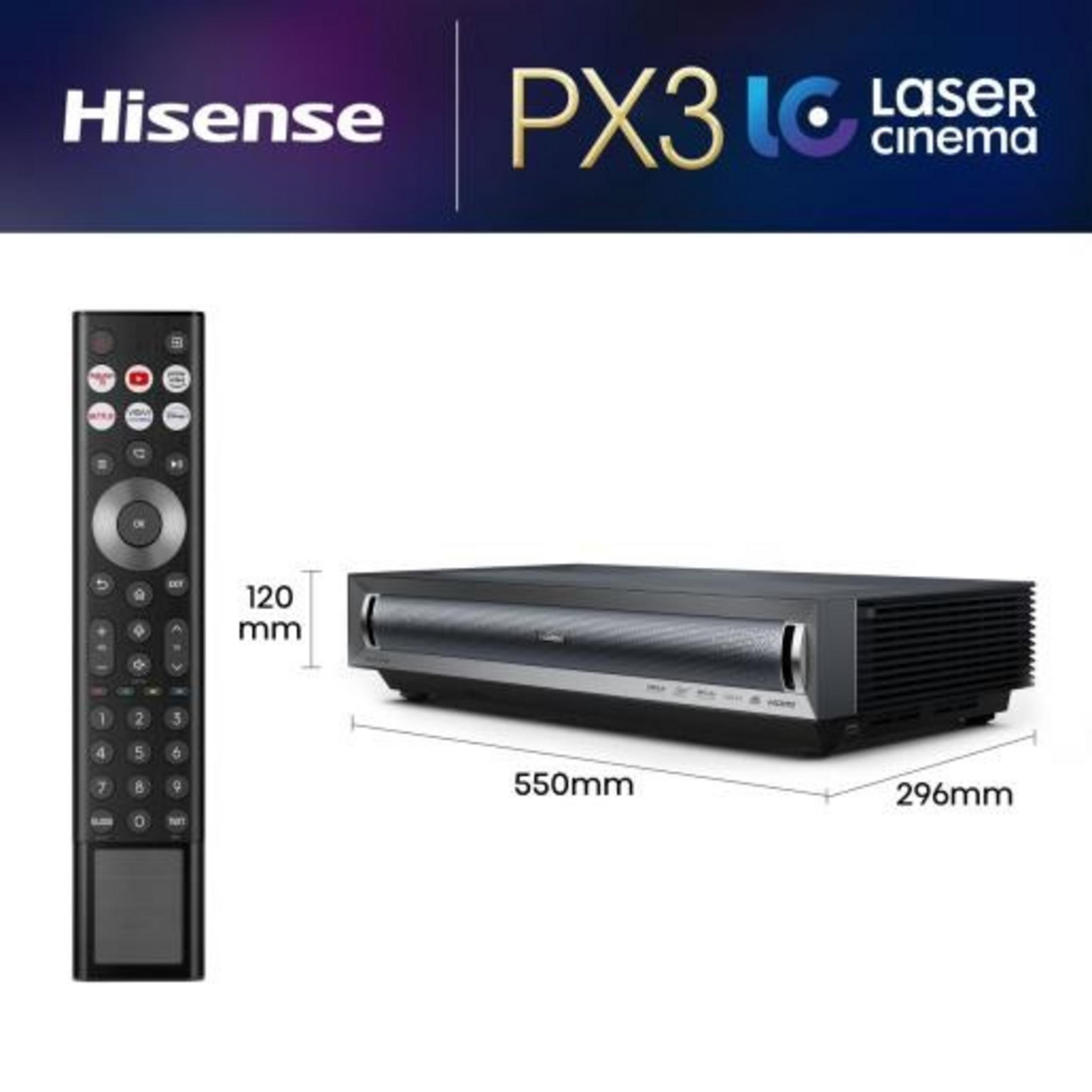 Projektor Hisense PX310 Laser Cinema z pilotem. Wymiary: 550x296x120mm.