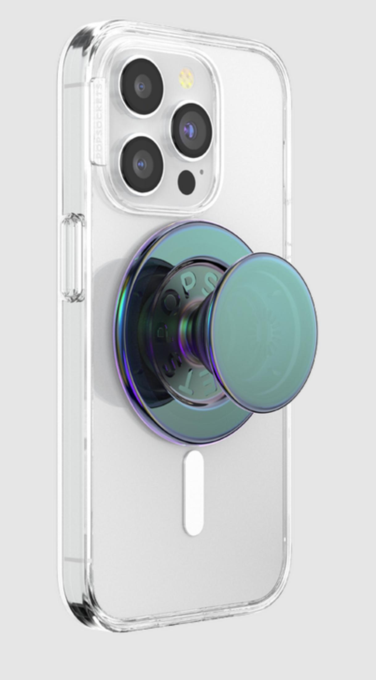 Funda de teléfono transparente con un PopSocket azul iridiscente en la parte trasera.