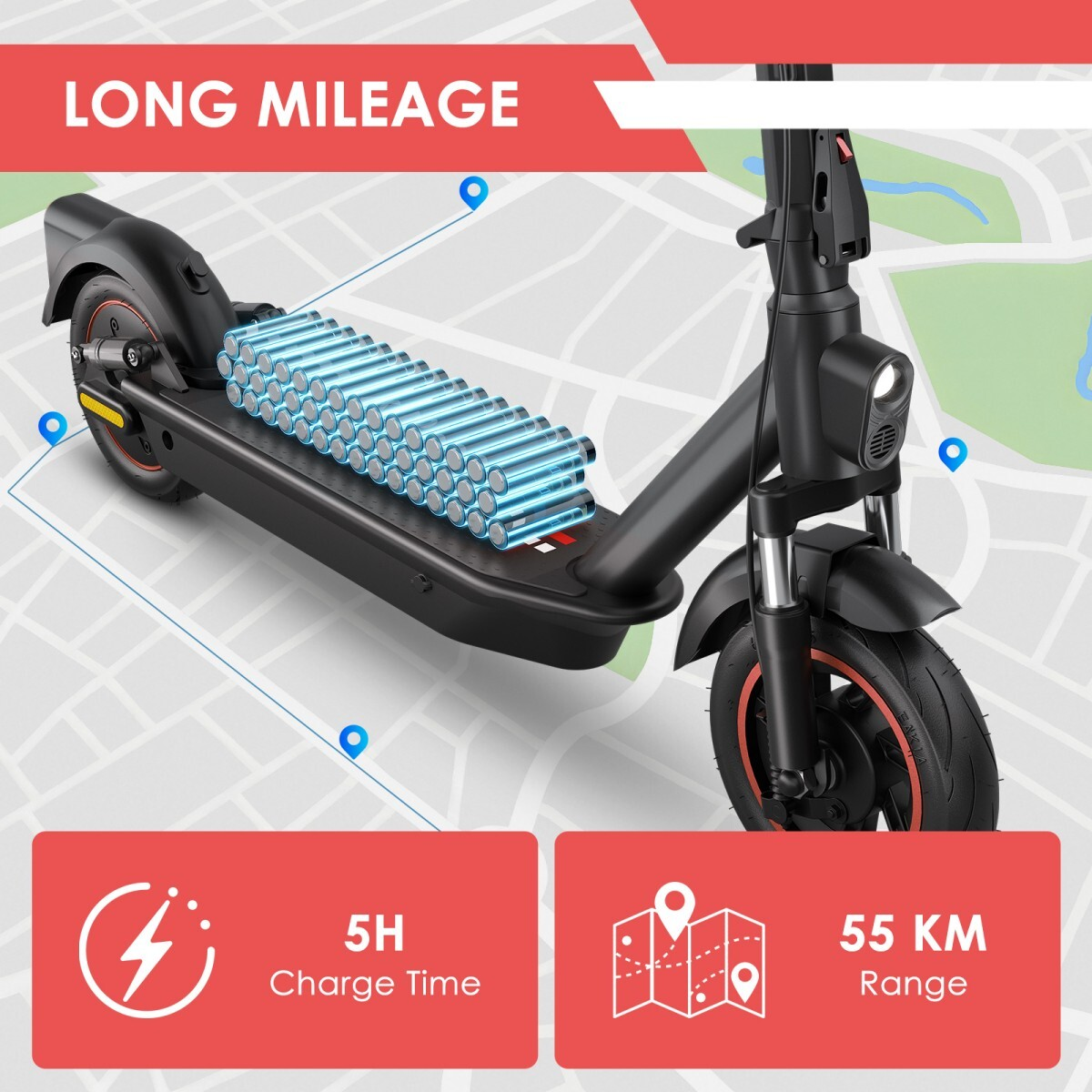 Czarna hulajnoga elektryczna z baterią, ładowanie 5H, zasięg 55 KM. Długi dystans.
